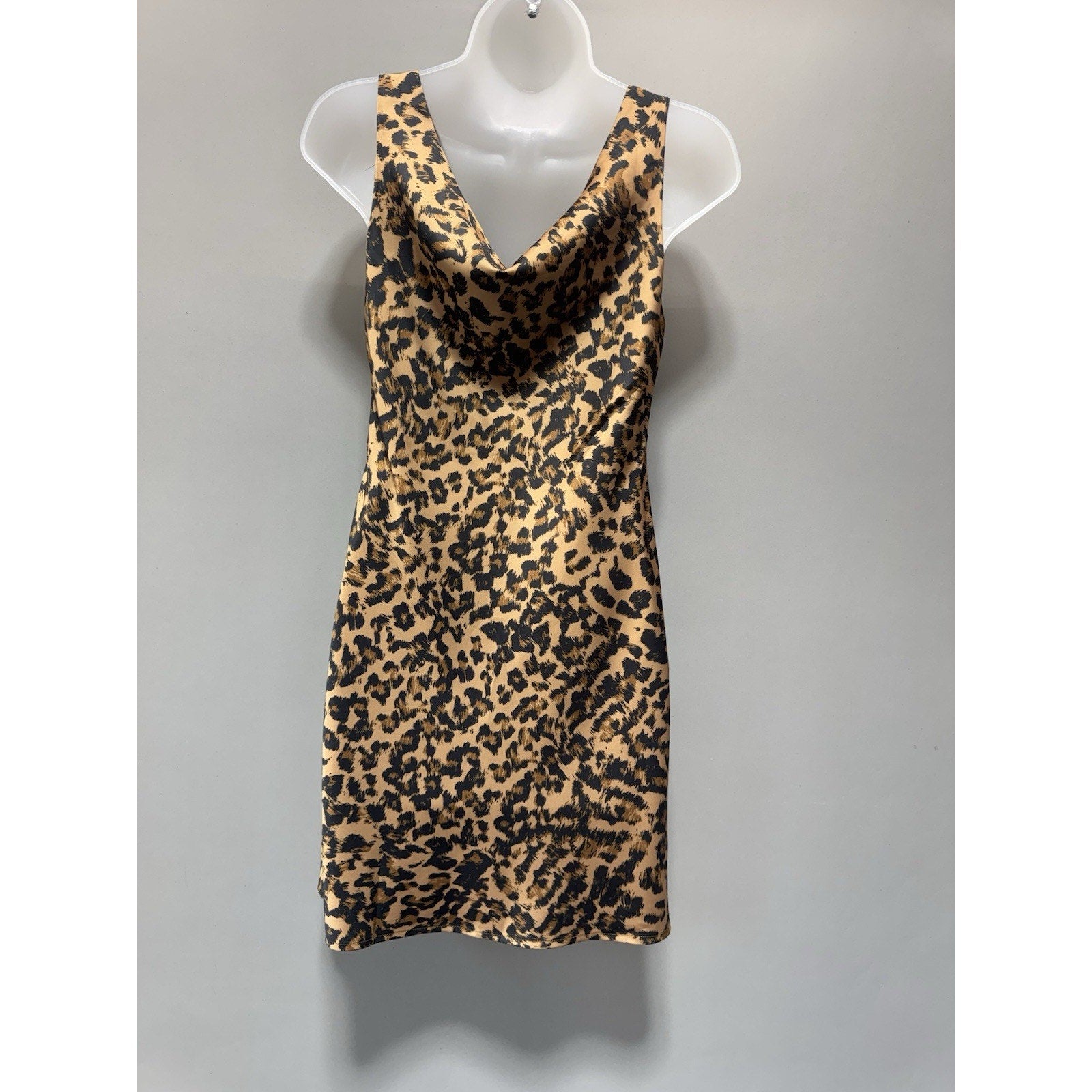 NWT Olivaceous Dress Womens Small Leopard Print Satin Cowl Neck Sleeveless Mini