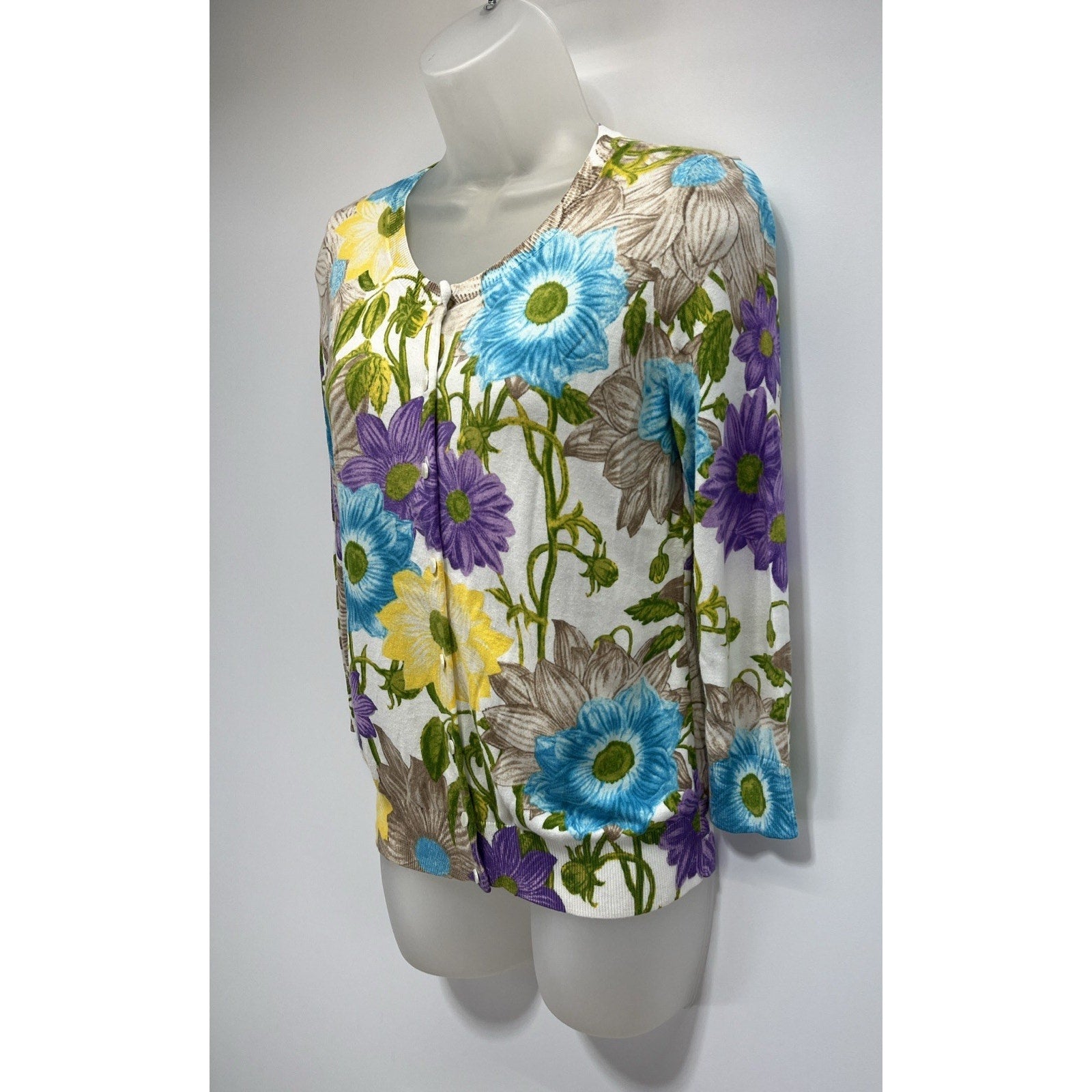 Talbot's 3/4 Sleeve Floral Button Front Cardigan XS Cotton Blend