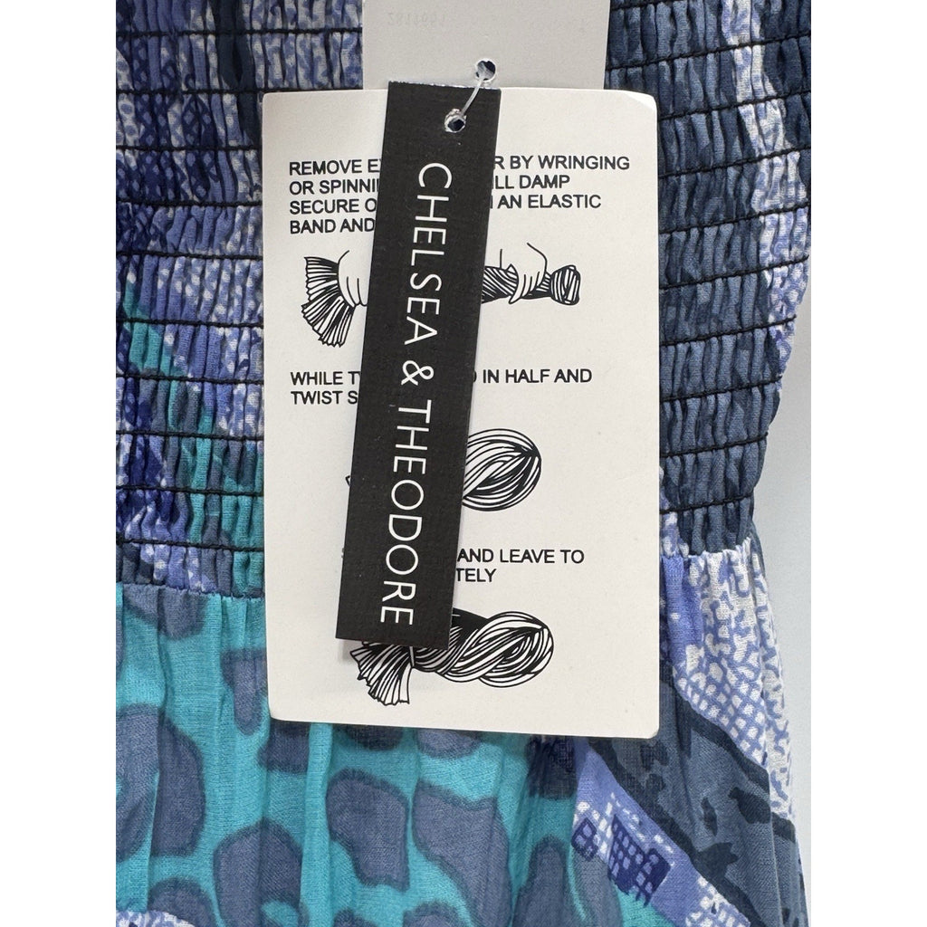 CHELSEA & THEODORE Blue Print Ruffle Tie Tiered Mini Dress Women’s Small NWT