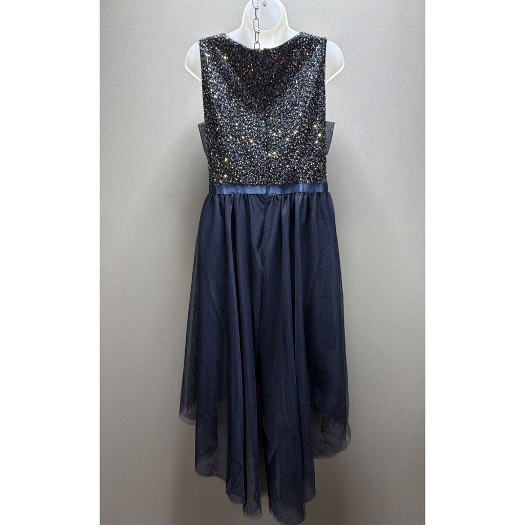 BeryLove L Navy Sequin High Low Formal Dress Sleeveless V Neck Tulle NWT