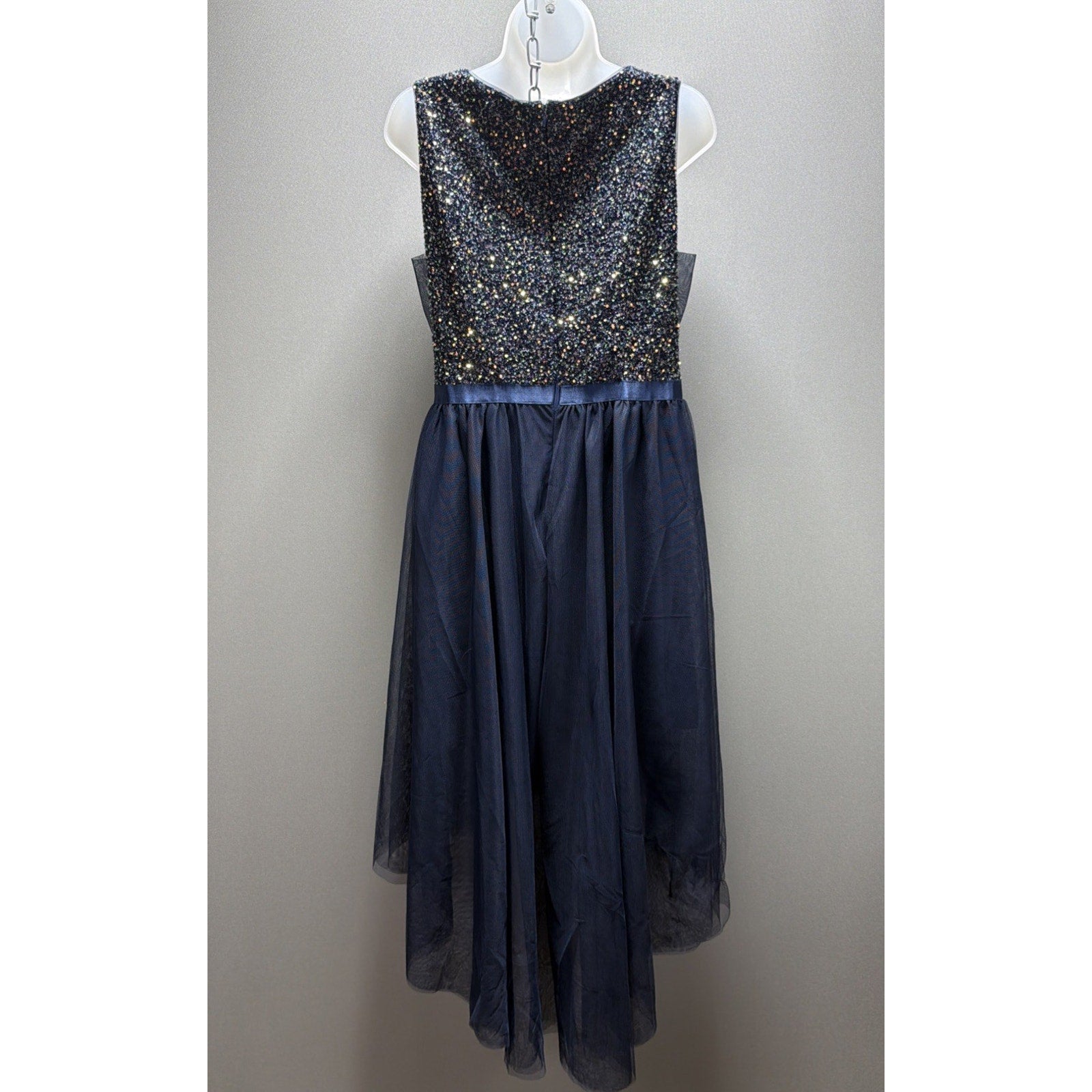 BeryLove L Navy Sequin High Low Formal Dress Sleeveless V Neck Tulle NWT