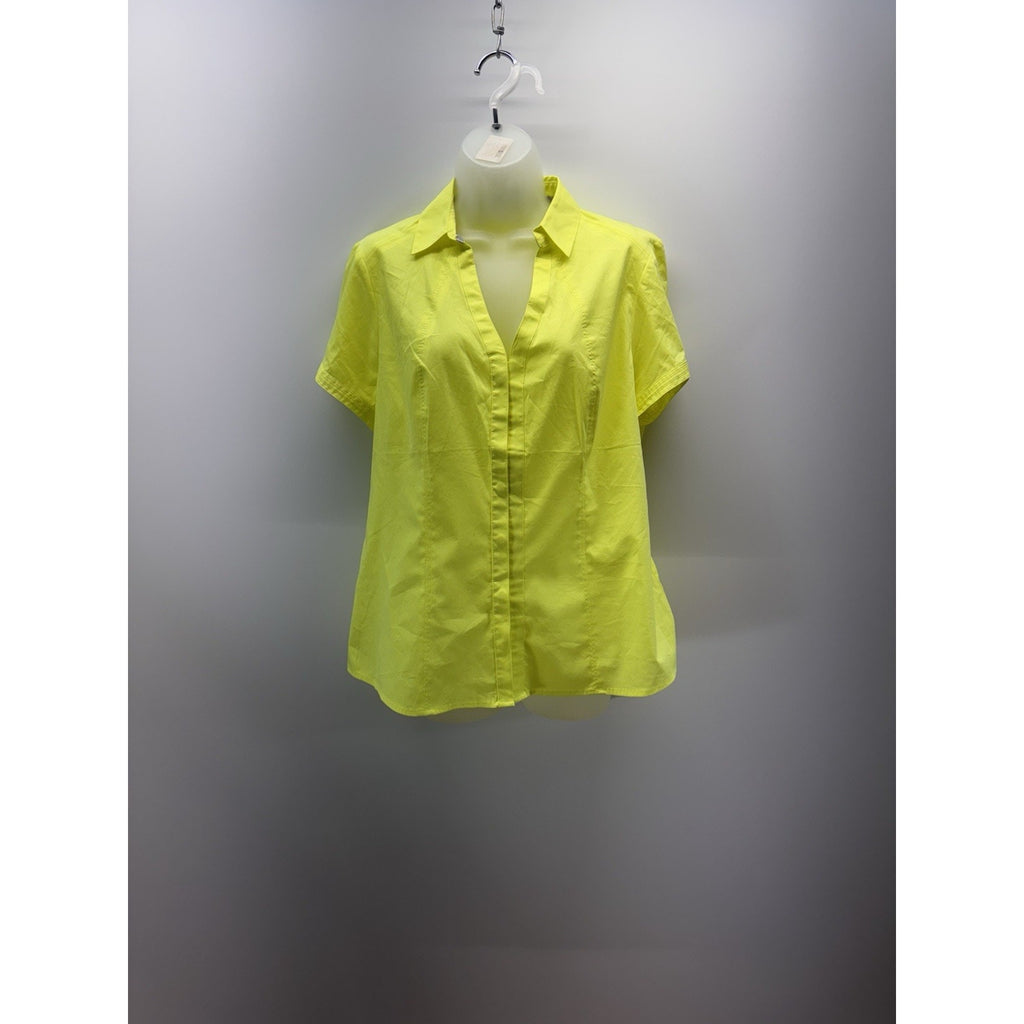 Express Yellow Sheer Hidden Button Down Shirt Short Sleeve Women’s Size L NWT