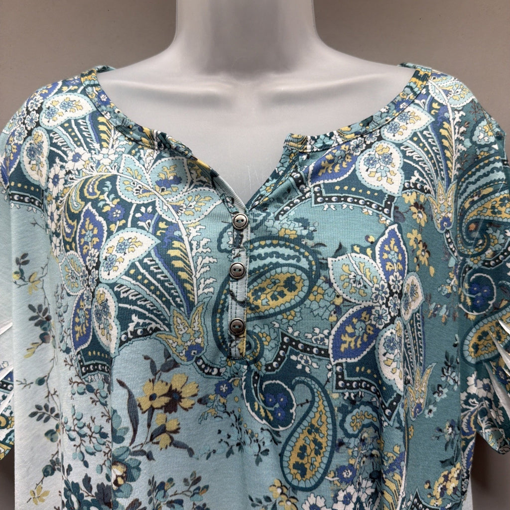 Croft &Barrow Multi Green Paisley 1/4 Button Knit V-Neck Top Tunic Plus Size 2X
