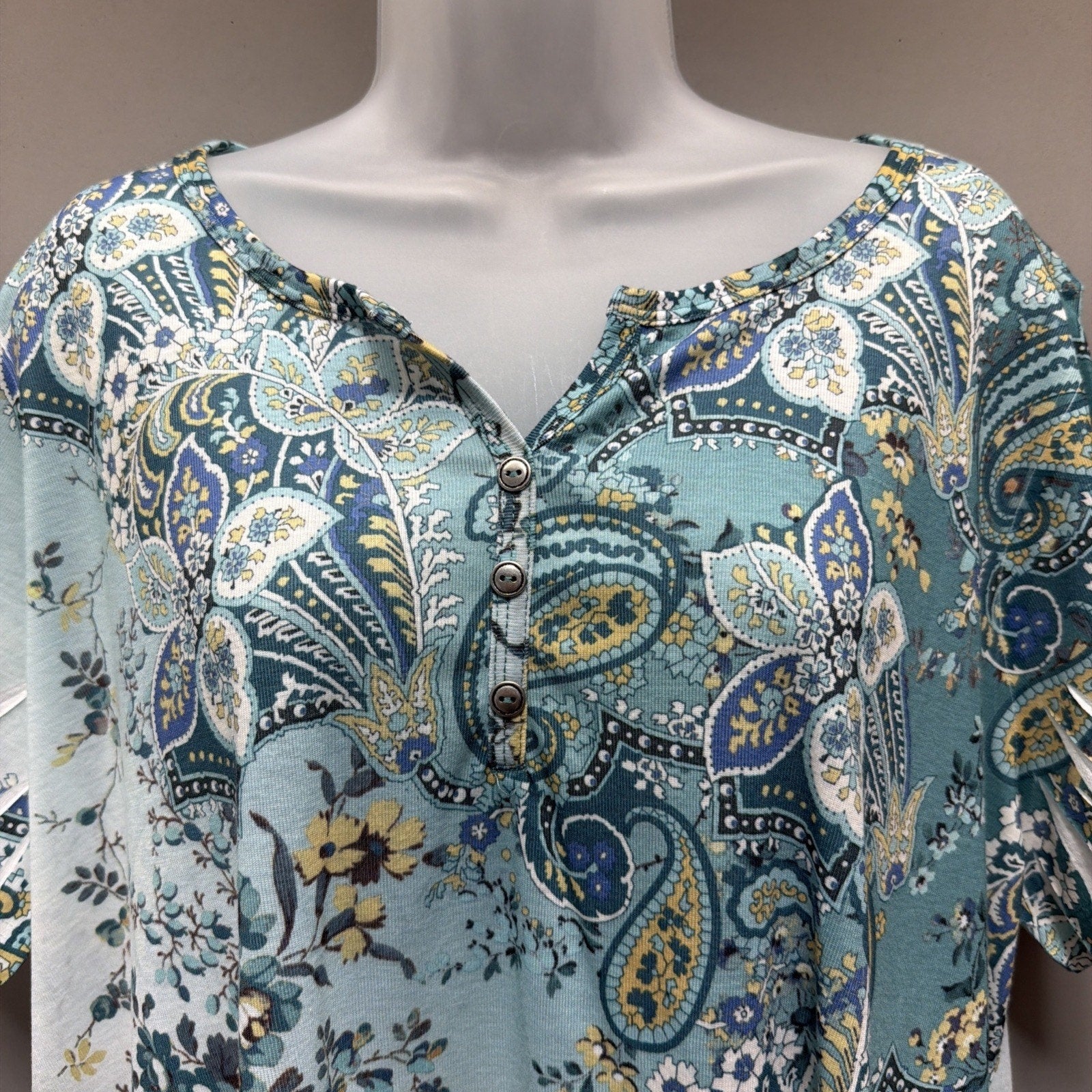 Croft &Barrow Multi Green Paisley 1/4 Button Knit V-Neck Top Tunic Plus Size 2X