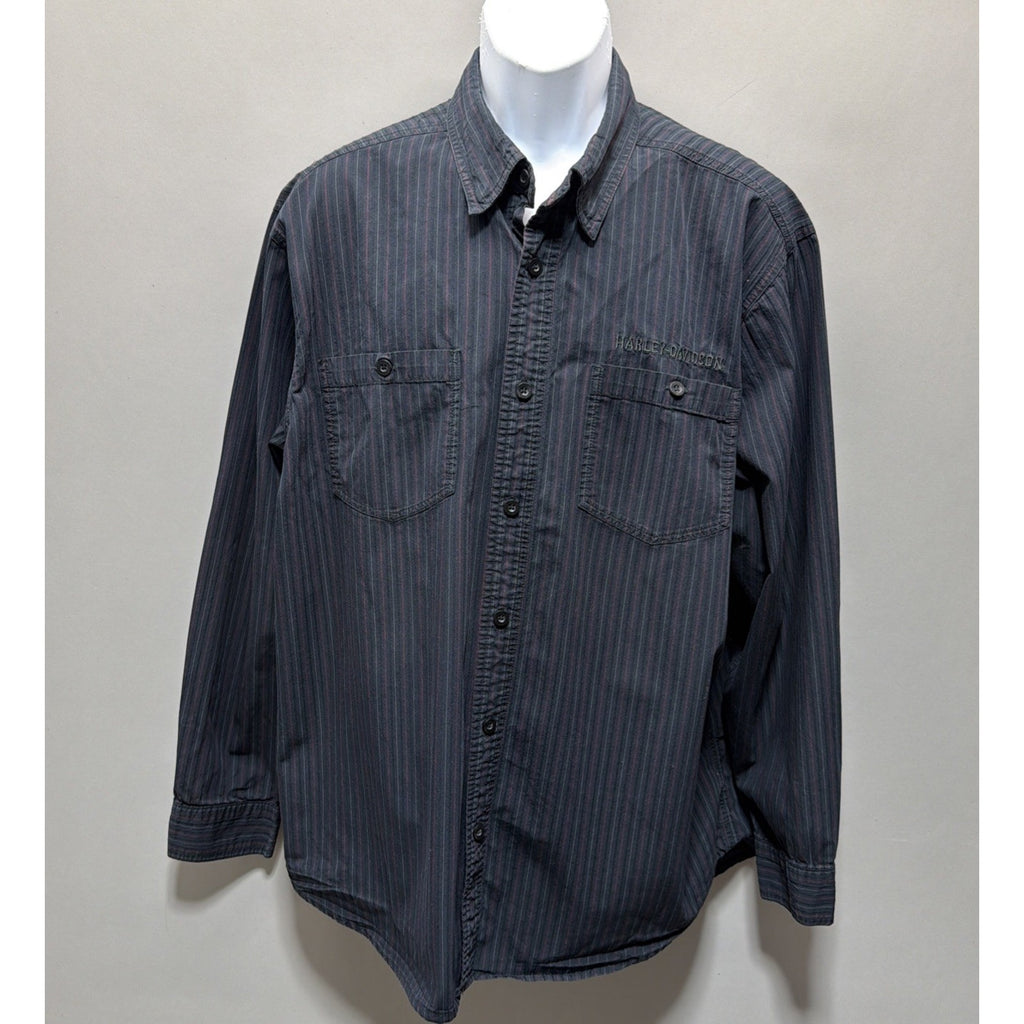 Harley Davidson Shirt Mens XL Black Striped Long Sleeve Button Down Genuine 1903