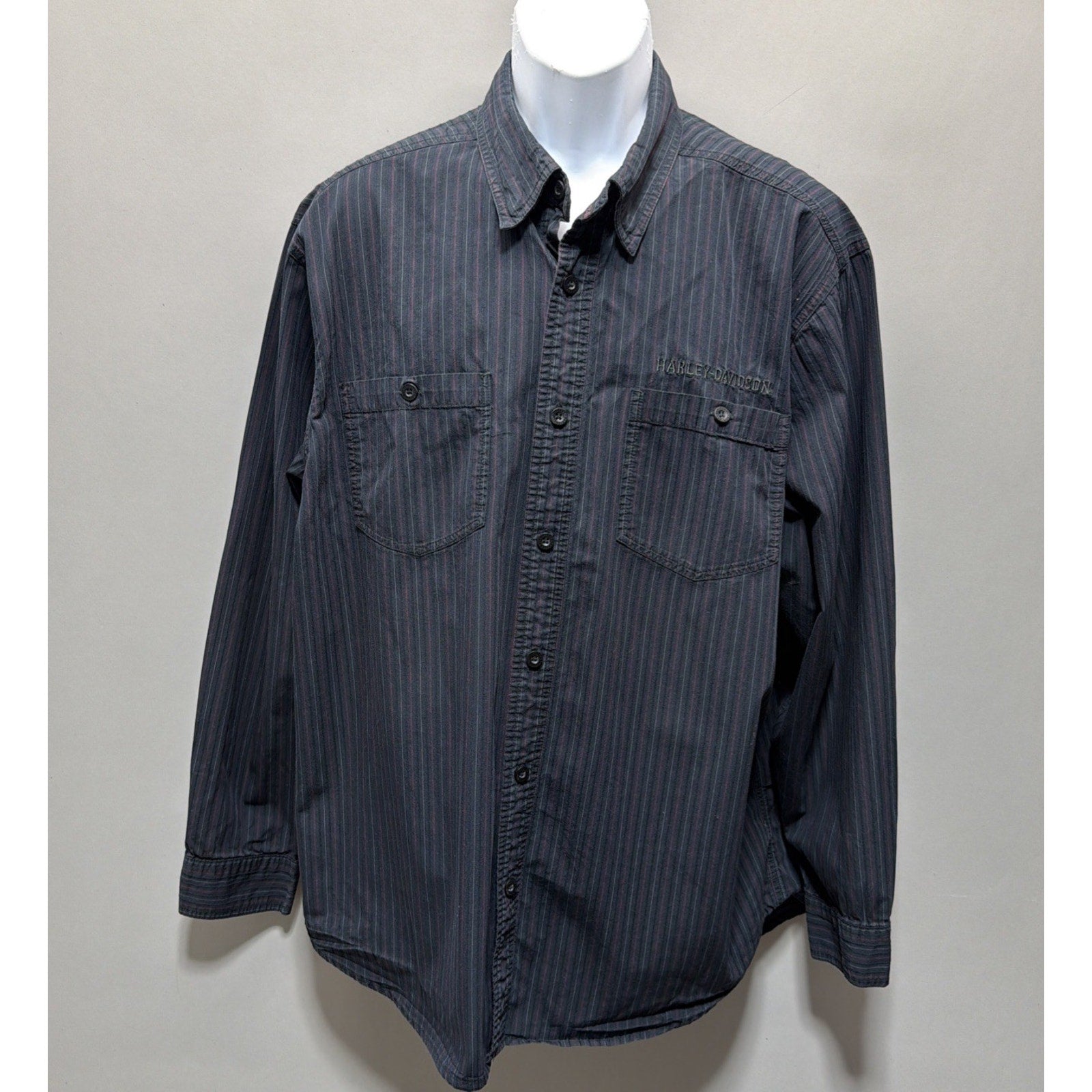 Harley Davidson Shirt Mens XL Black Striped Long Sleeve Button Down Genuine 1903