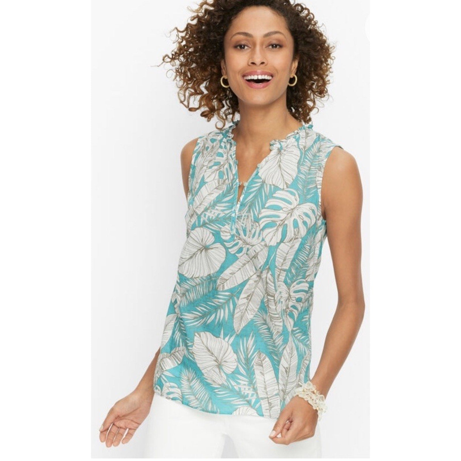 TALBOTS Women's Thin Cotton Tank Top Tropical Leaf Ruffle Multicolor Size XS