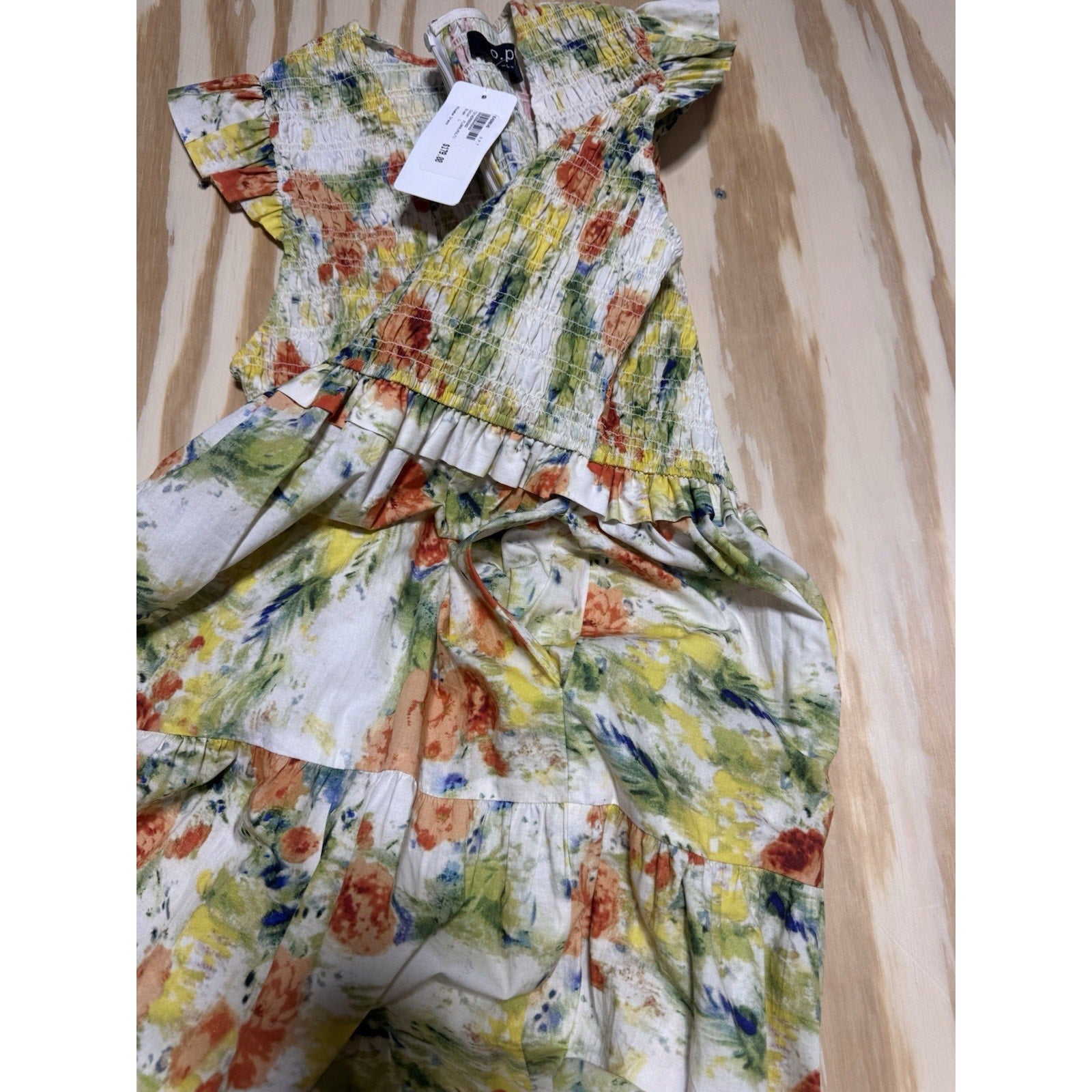 Evereve O.P.T Floral Smocked Orange Yellow Tiered Maxi Dress Womens L NWT $179