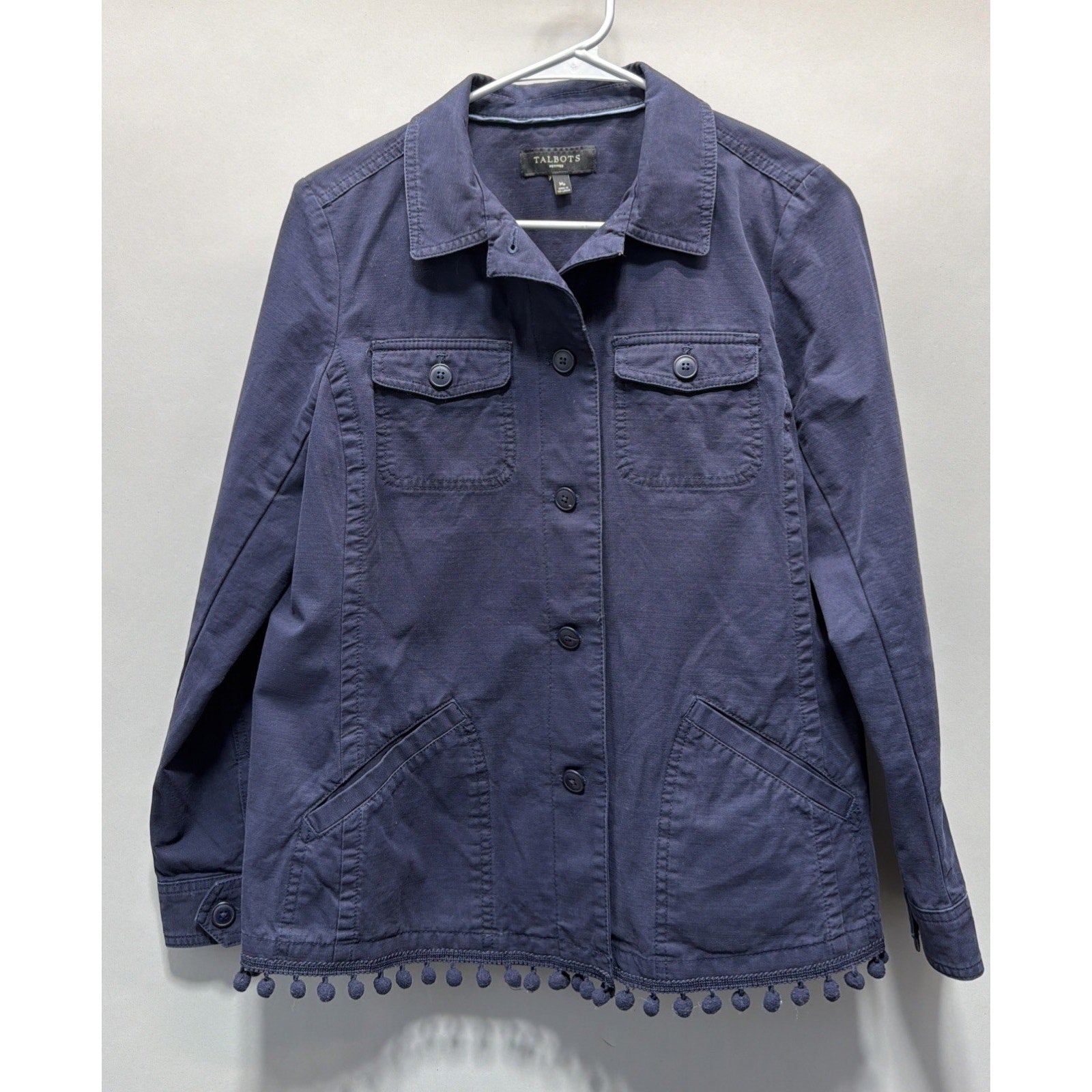 Talbots Navy Blue Pom Pom Trim Twill Cargo Jacket Size Petite M Preppy Causal