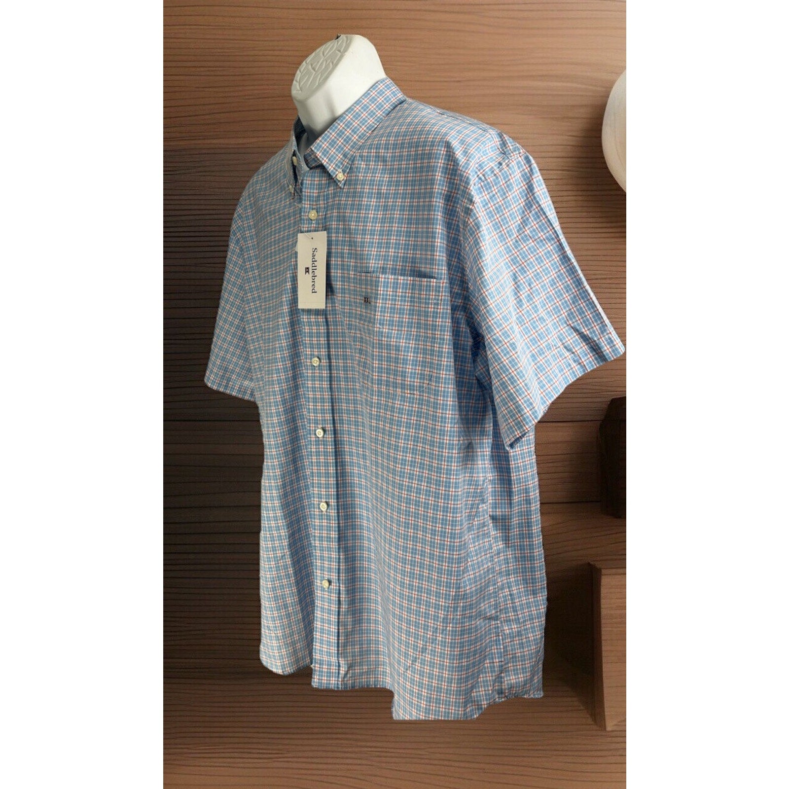 NWT Saddlebred Men's Classic Fit Sky Blue Gingham Short-Sleeve Button-Up Size 2X