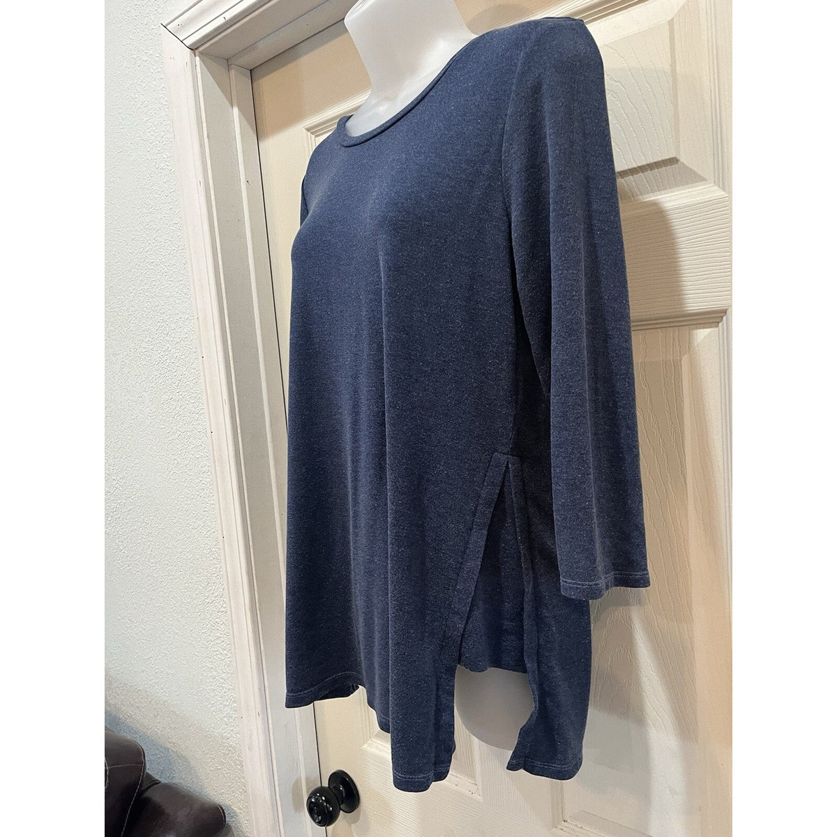 Cupio Navy Blue Round Neckline Boho Peasant Blouse Loose Fit Women's Size Large