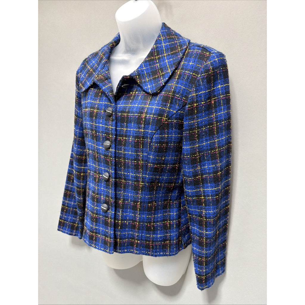 Vintage 90’s K.C Spencer New York Blue Plaid Tweed Boucle Blazer Jacket 8 USA