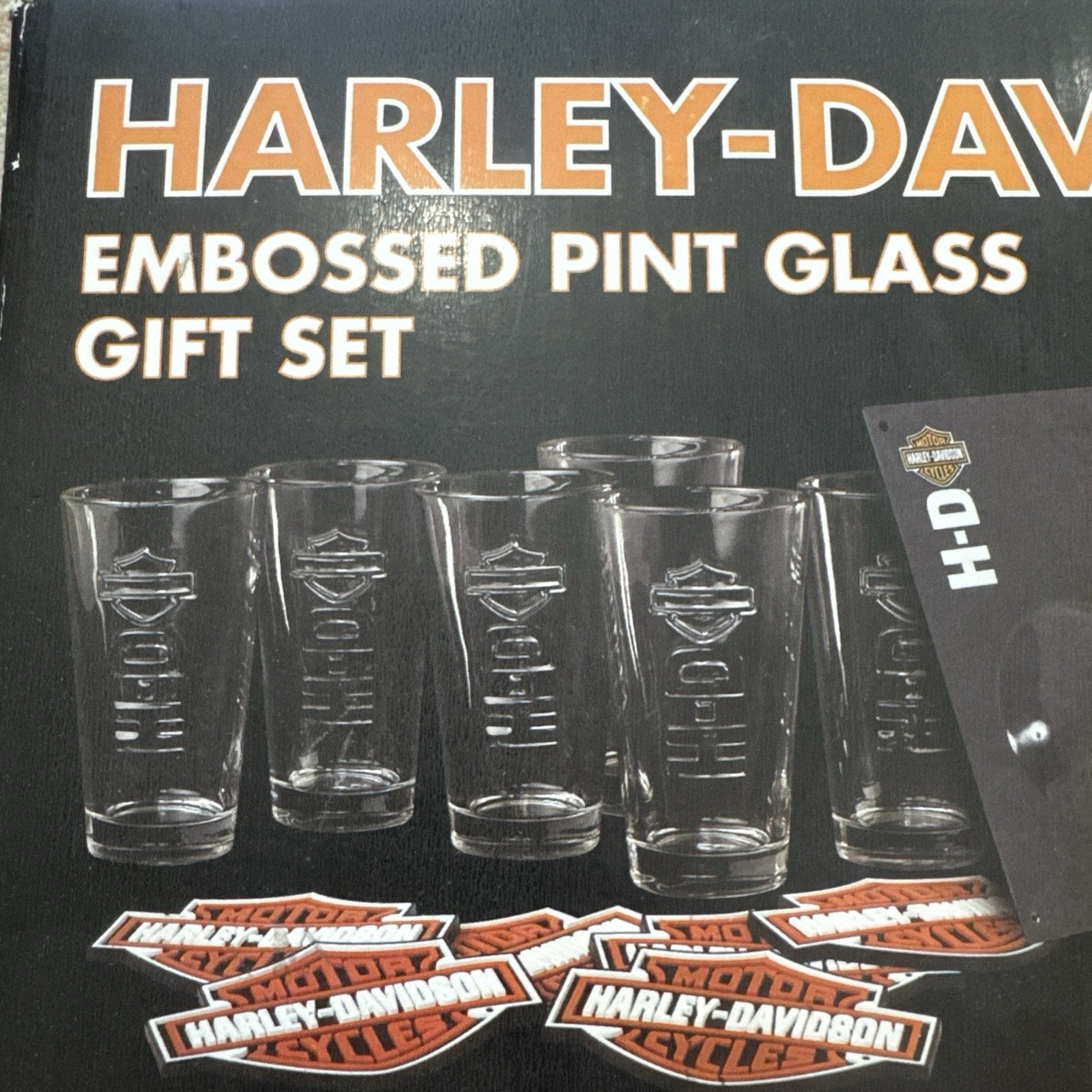 Harley Davidson Embossed Pint Glass Gift Set 6 Glasses Coasters Wall Opener NIB
