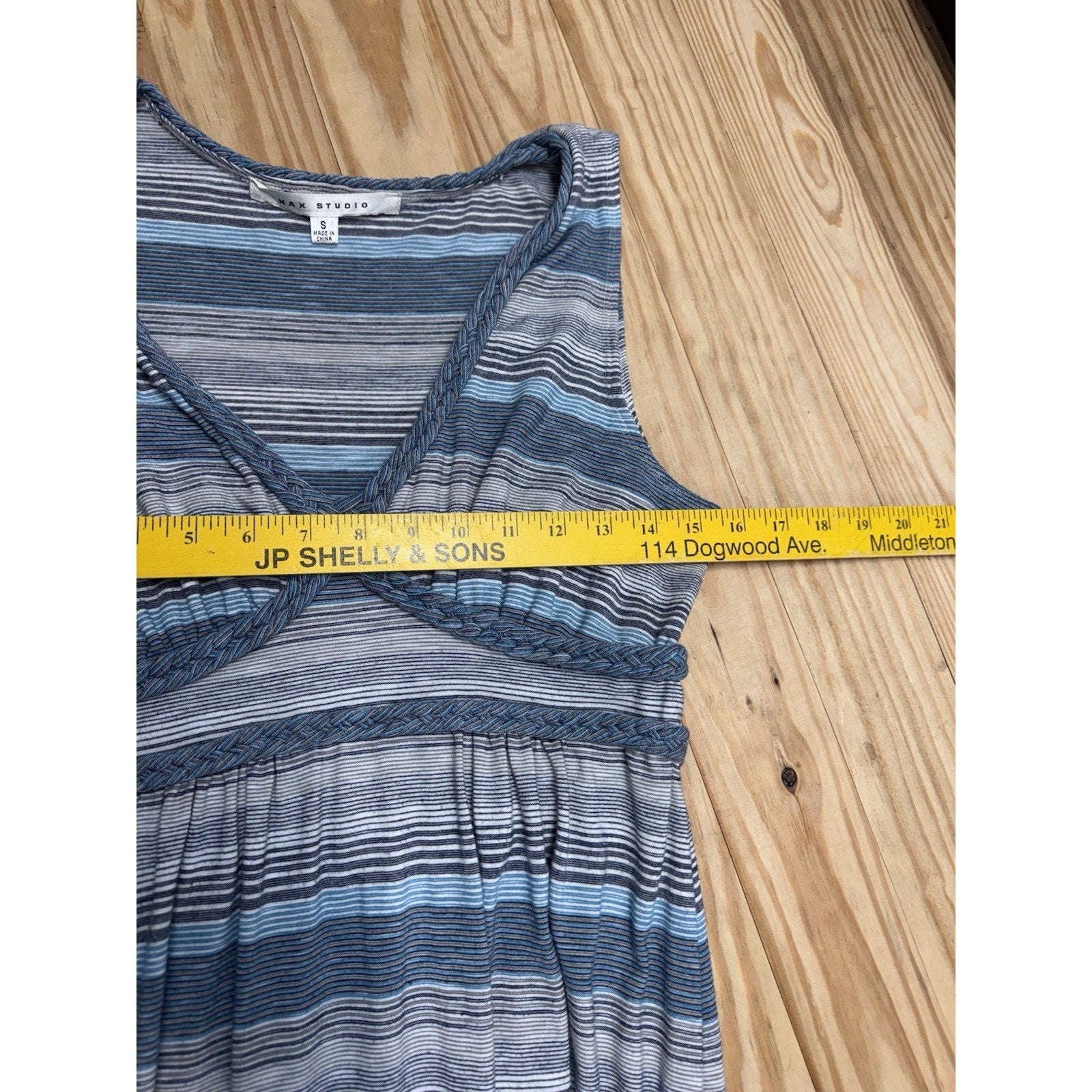 Max Studio Dress Blue Gray Striped S Stretch Maxi V-Neck