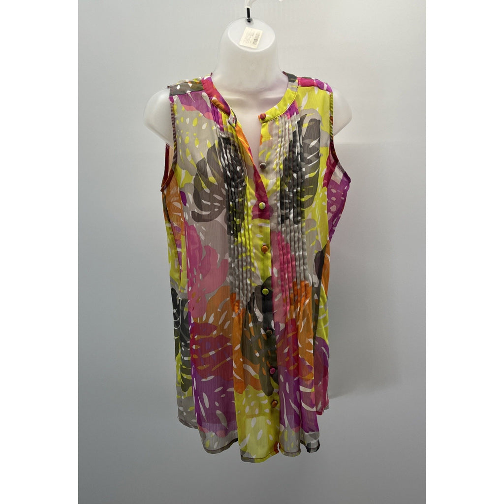 Liz Claiborne Button-Up Top SZ M Sleeveless Chiffon Floral Light & Sheer