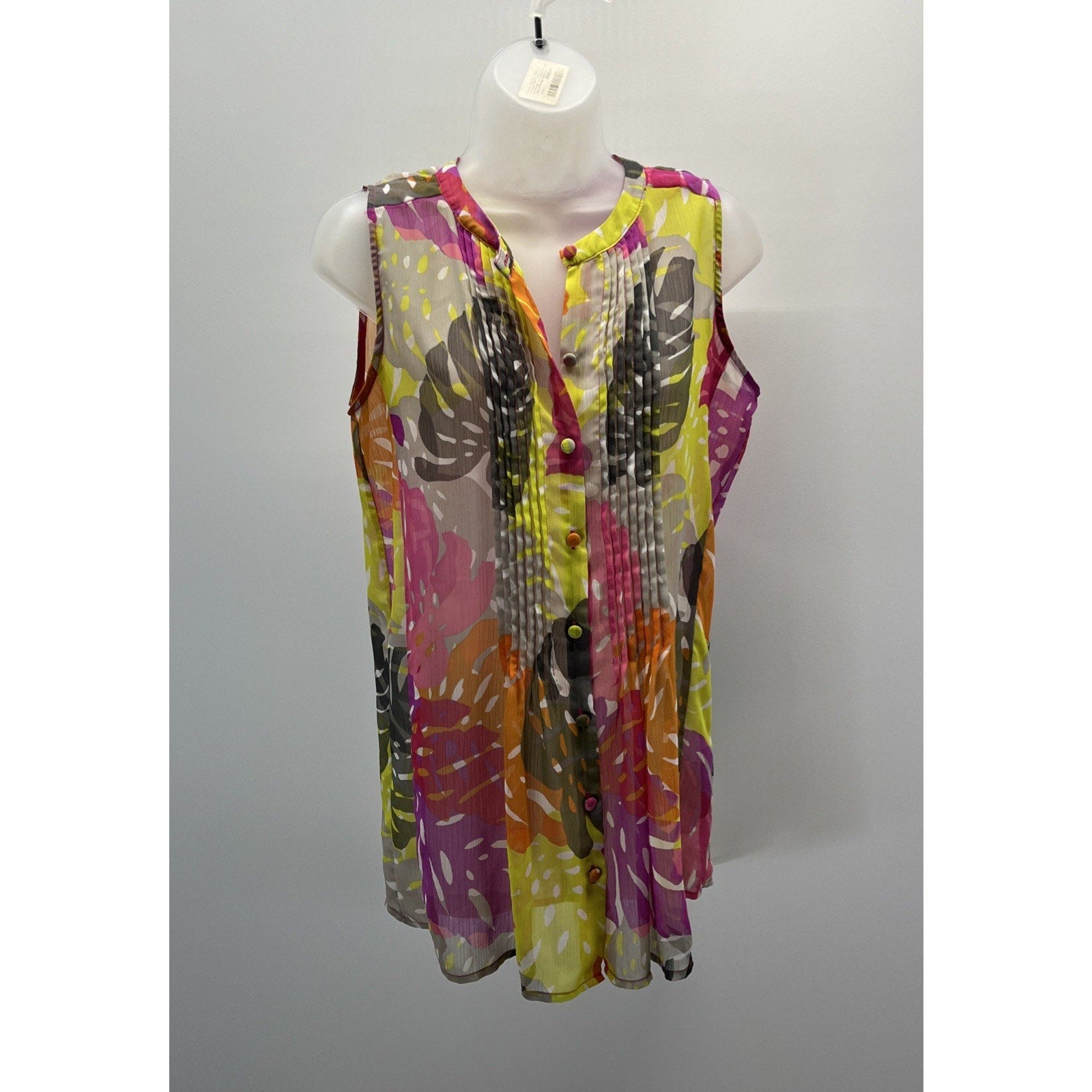 Liz Claiborne Button-Up Top SZ M Sleeveless Chiffon Floral Light & Sheer