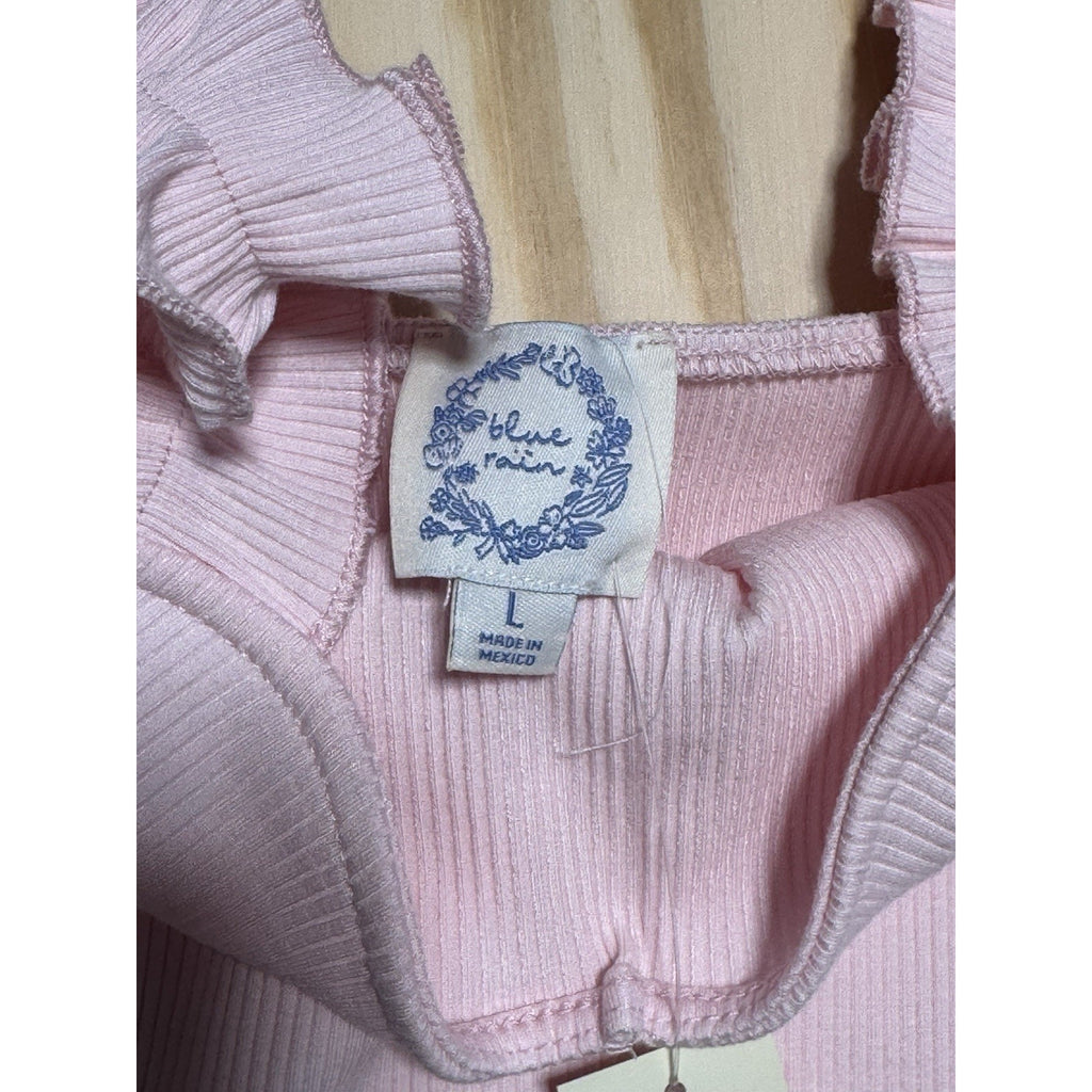 Blue Rain Pink Ribbed Ruffle Strap Bodysuit Women’s Large Sweetheart Neck NWT