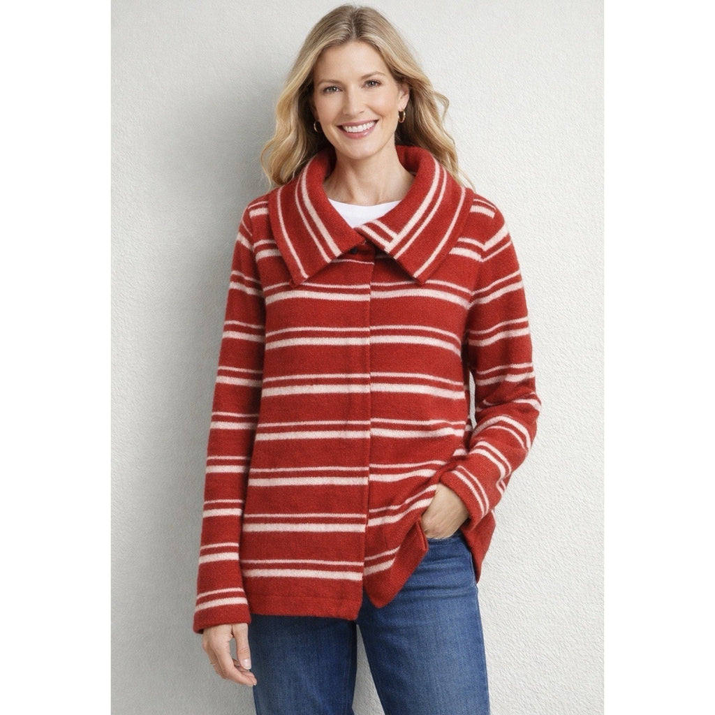 Lands’ End Womens XL 18 Red White Striped Lambswool Sweater Jacket Button Front