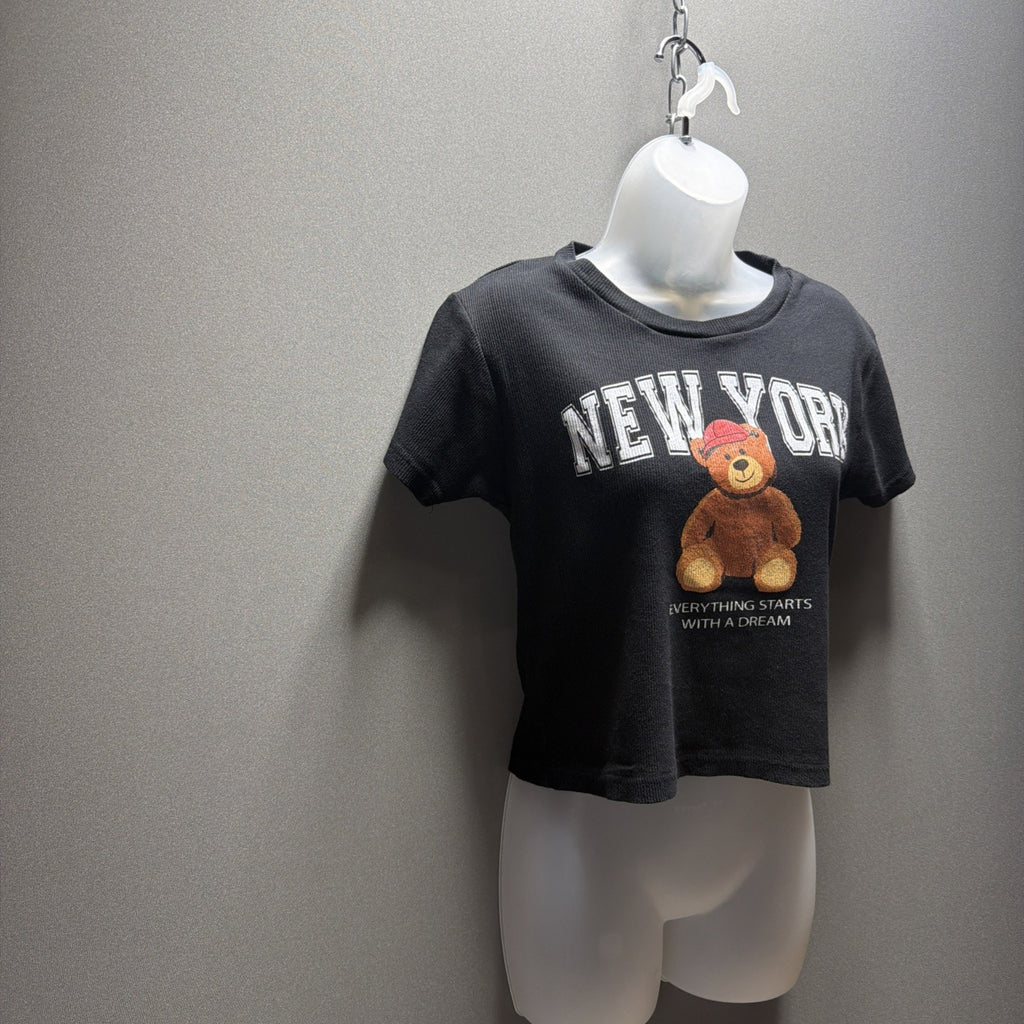 On Fire Women’s Dream New York Bear Graphic Crop Ribbed Tee – Size L Cotton