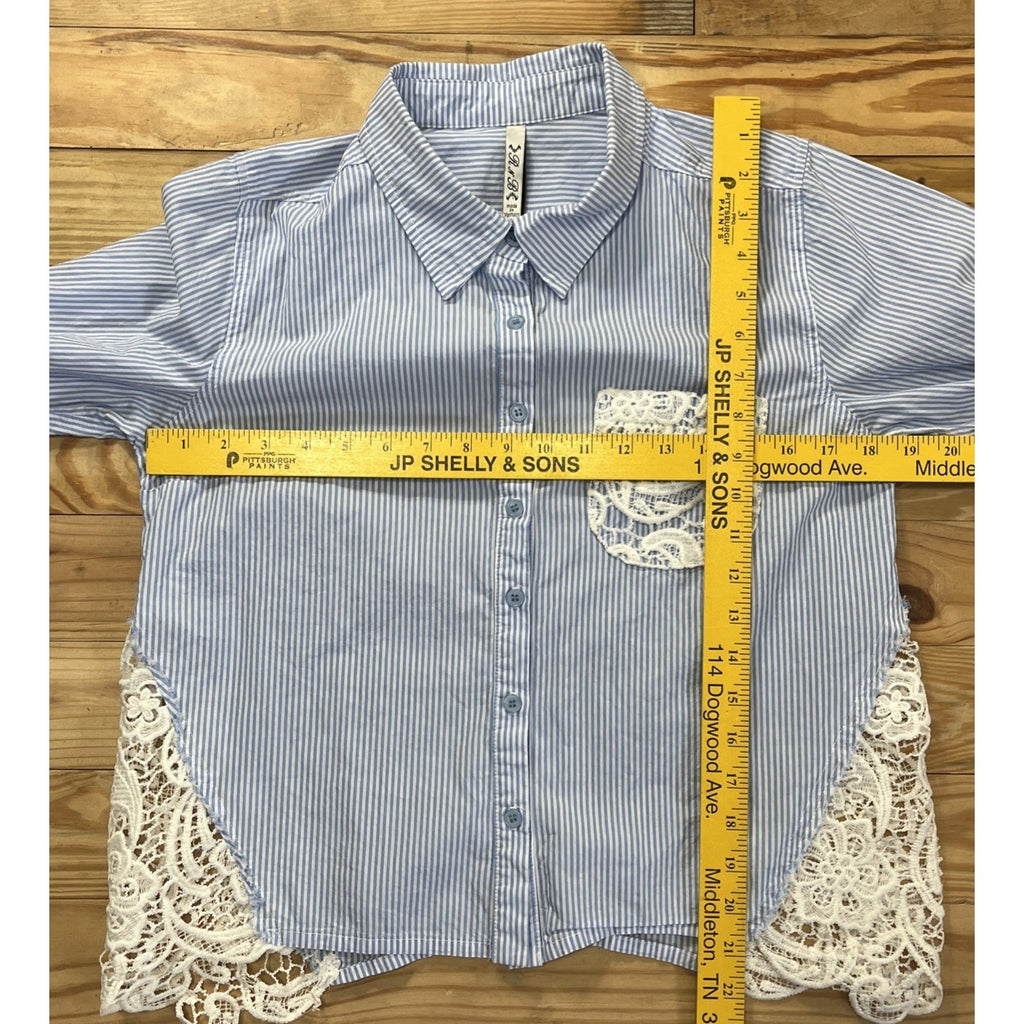 R N B Pinstripe Blue And White Lace Button Down Longsleeve Shirt Women’s Size M