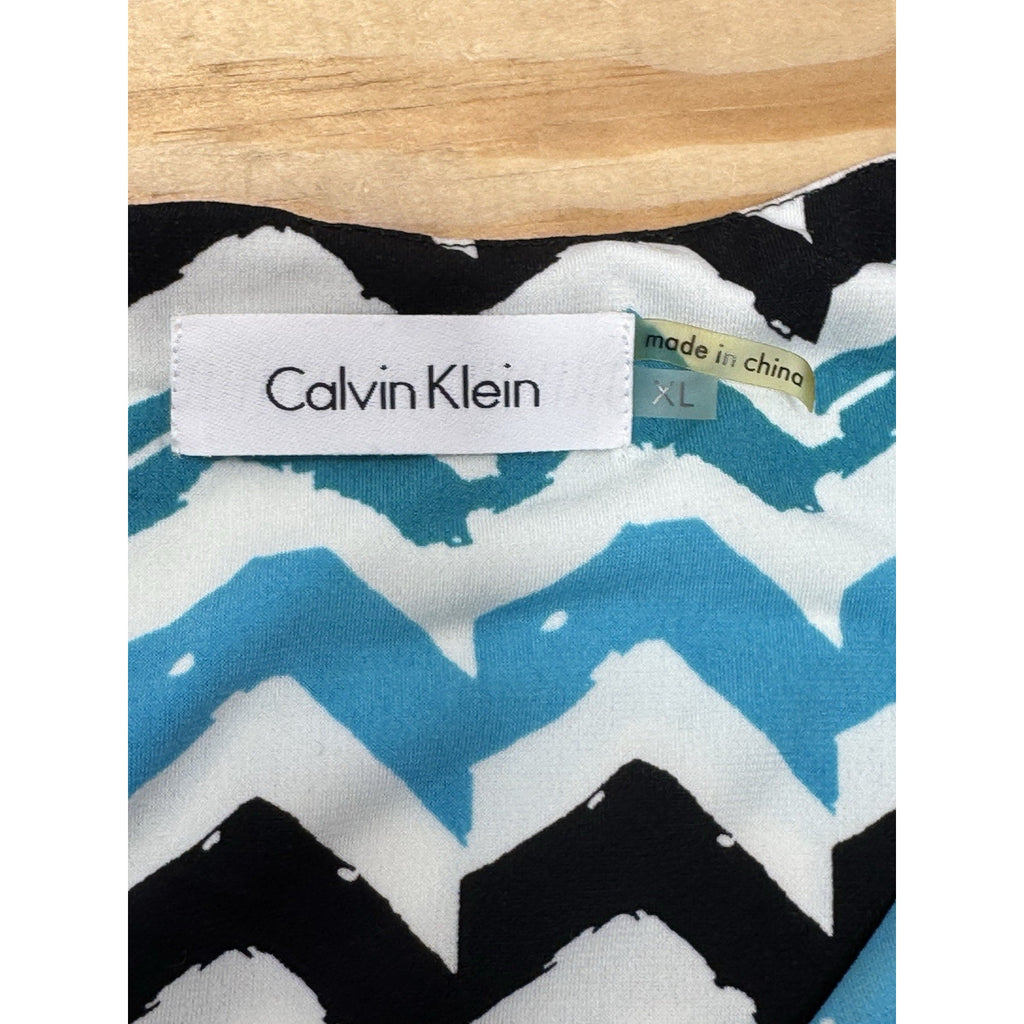 Calvin Klein Sleeveless Zig Zag Print Top Pleated Blue Black Women’s Size XL