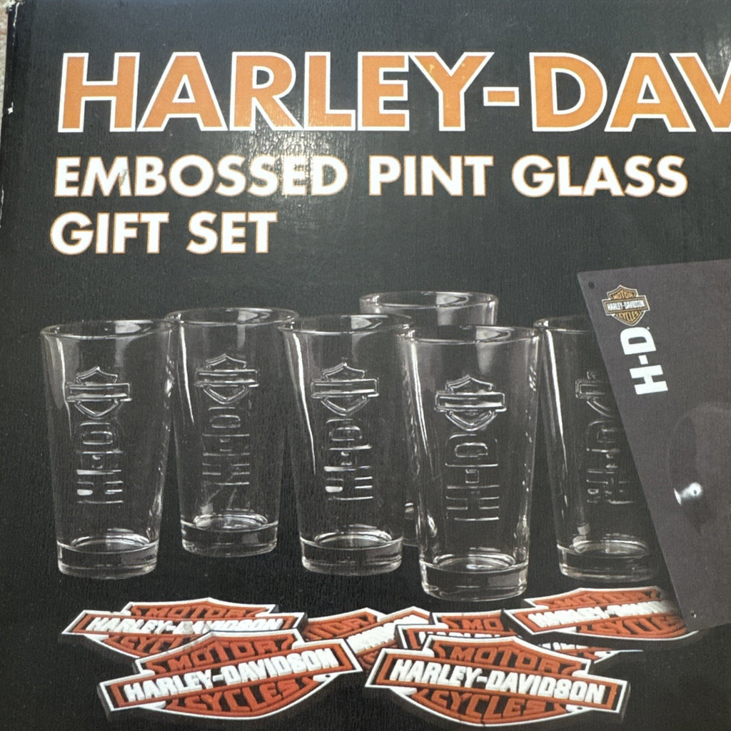 Harley Davidson Embossed Pint Glass Gift Set 6 Glasses Coasters Wall Opener NIB