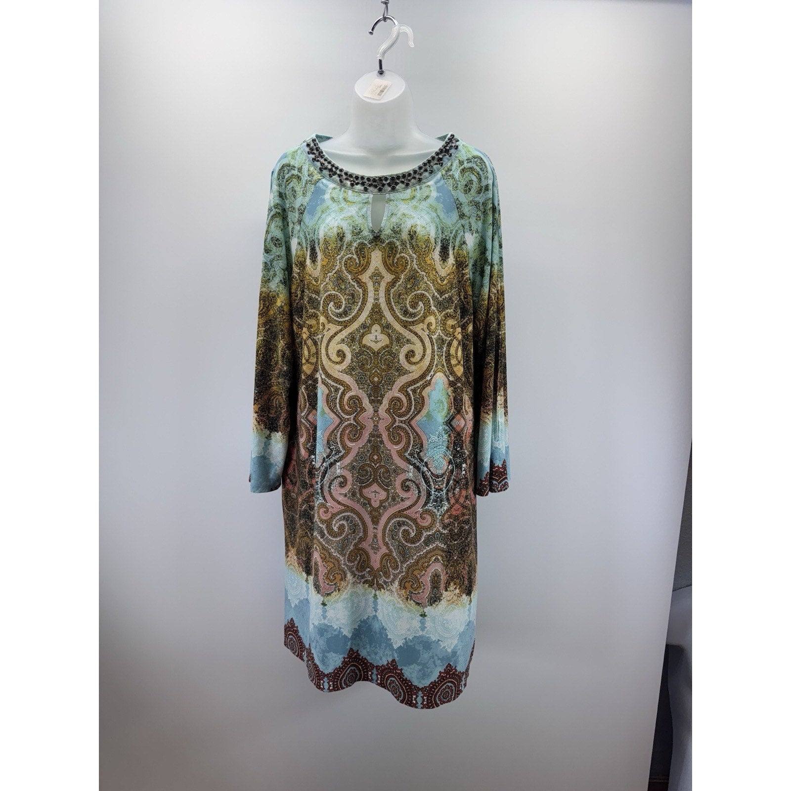 Chicos Cut Out Long Sleeves Beaded Neck Dress Aqua Print Size 3 (US XL)