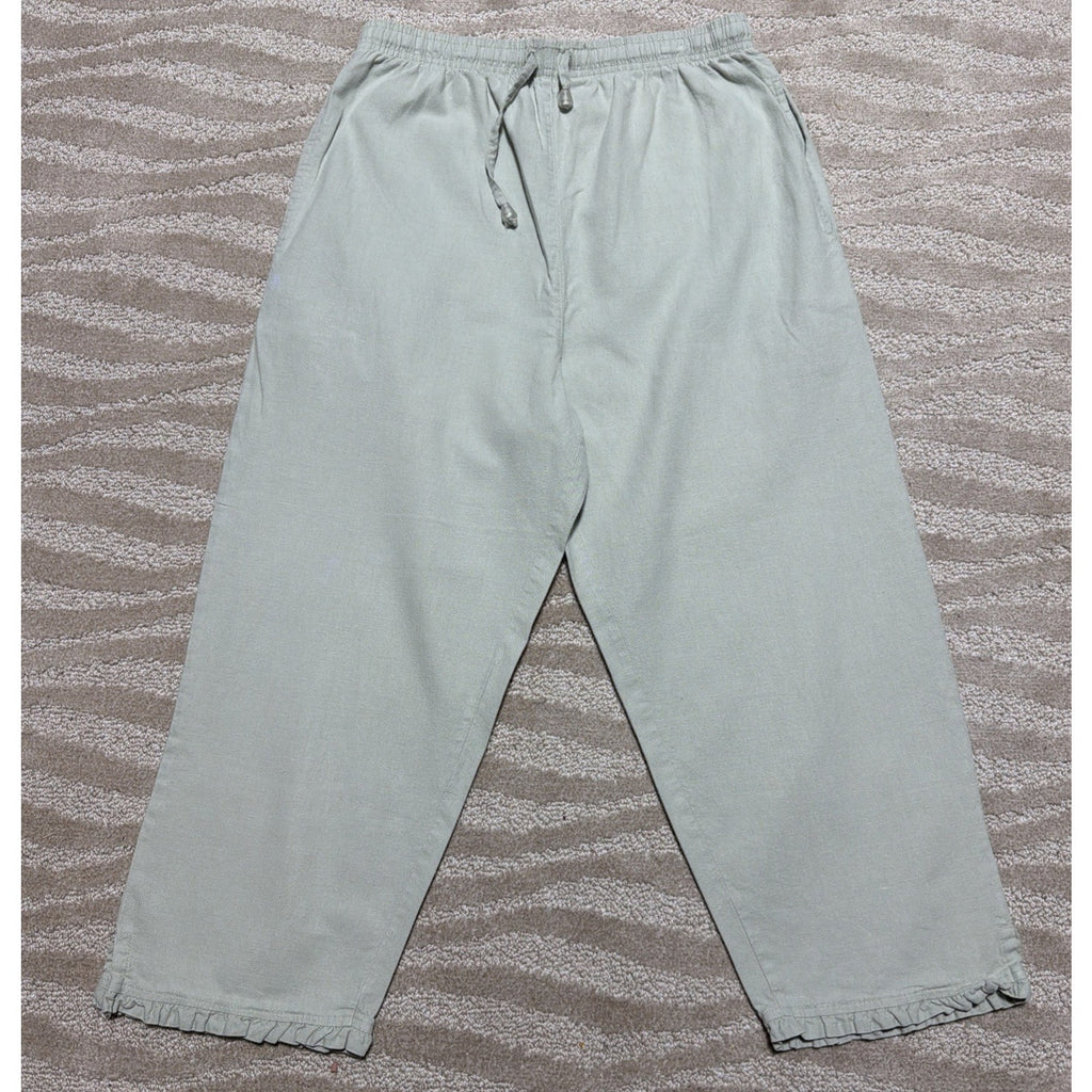 Vintage Capacity Linen Drawstring Crop Capri High Rise Pants Ruffle Hem SZ S