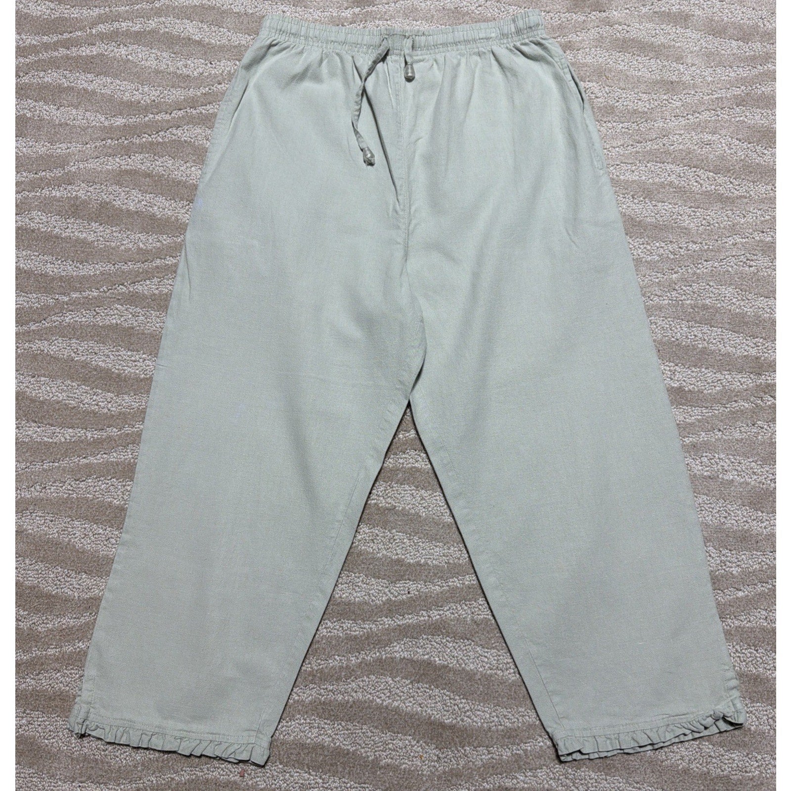 Vintage Capacity Linen Drawstring Crop Capri High Rise Pants Ruffle Hem SZ S