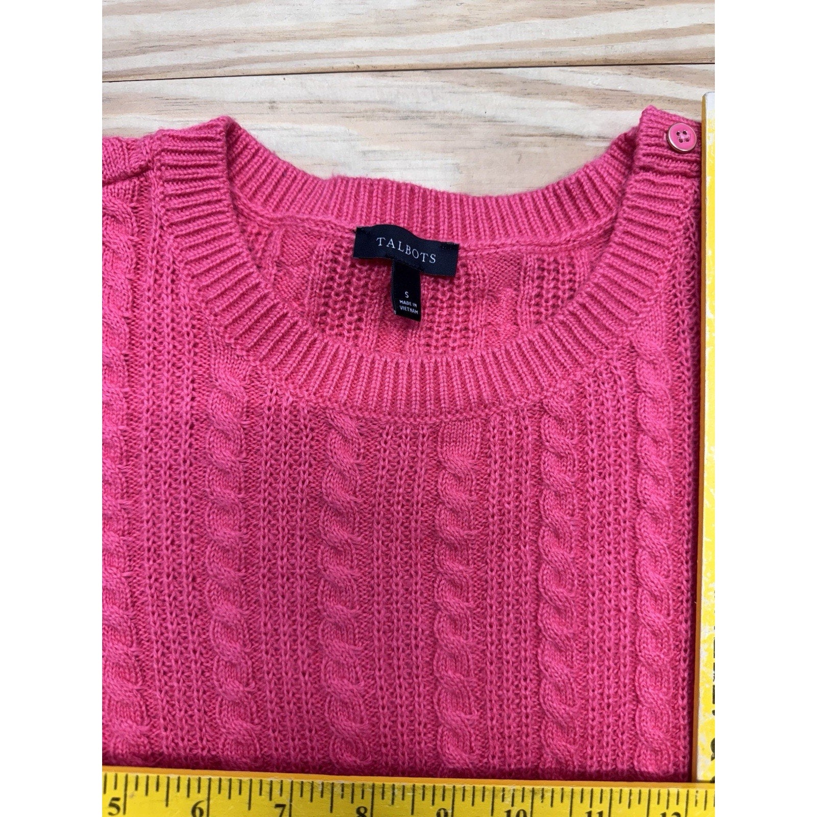 Talbots Sweater Pink Pullover Cable Knit Long Sleeve Button Shoulder Women’s S