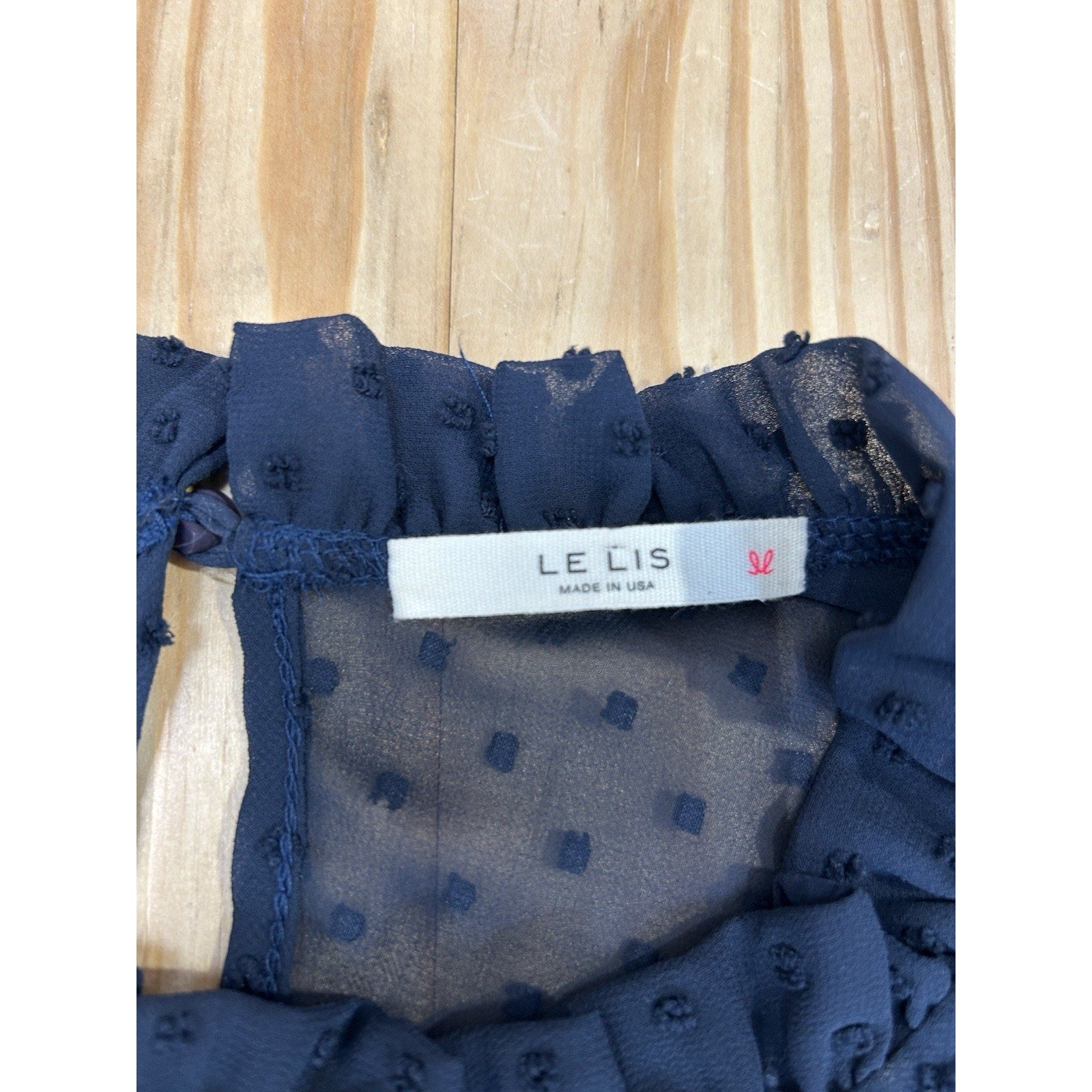 Le Lis Polka Dots Ruffled Neck Long Sleeve Blouse Size Large Blue . Made In USA