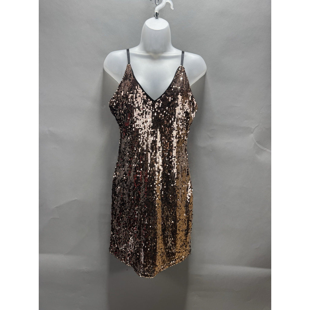 Womens Medium Rose Gold Sequin Cocktail Dress V Neck Party Club Sparkle Medium