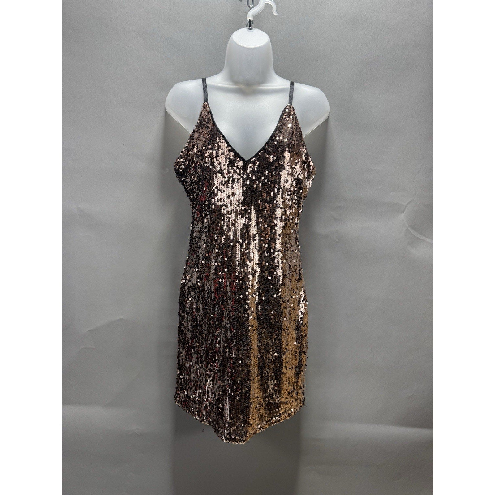 Womens Medium Rose Gold Sequin Cocktail Dress V Neck Party Club Sparkle Medium