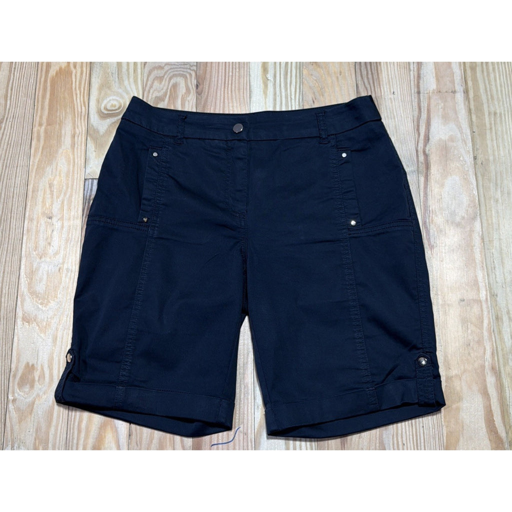Chico's Womens Bermuda Shorts XS Black Utility Roll Tab Mid Rise Stretch Cotton