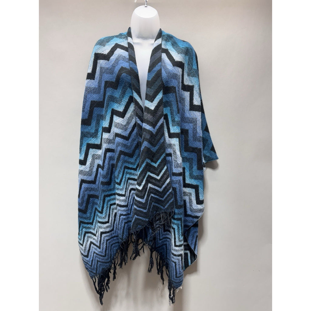 V Poncho Shawl Blue, black, White Chevron (zig-zag) Pattern One Size Fringe