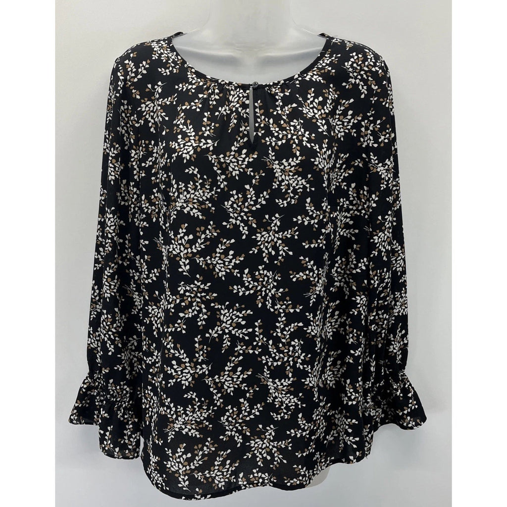 Talbots Keyhole Flowy Tunic Top Women's LP Petite Black Tan Floral Long Sleeve