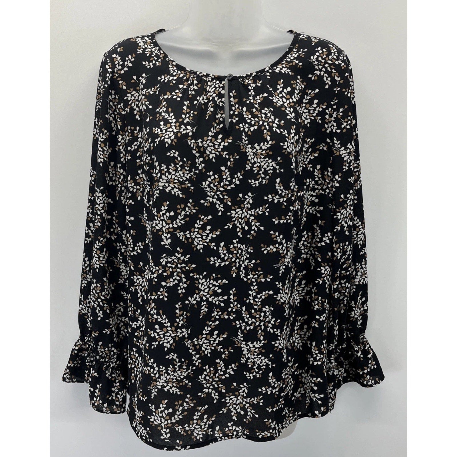 Talbots Keyhole Flowy Tunic Top Women's LP Petite Black Tan Floral Long Sleeve