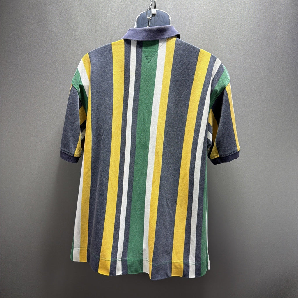 Vintage 90s Tommy Hilfiger Green White Faded Striped Polo Shirt Crest Mens L