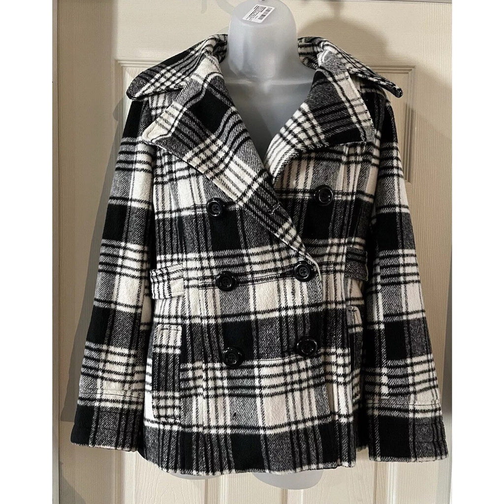 George Plaid Peacoat Size Small Black White Pockets Buttons