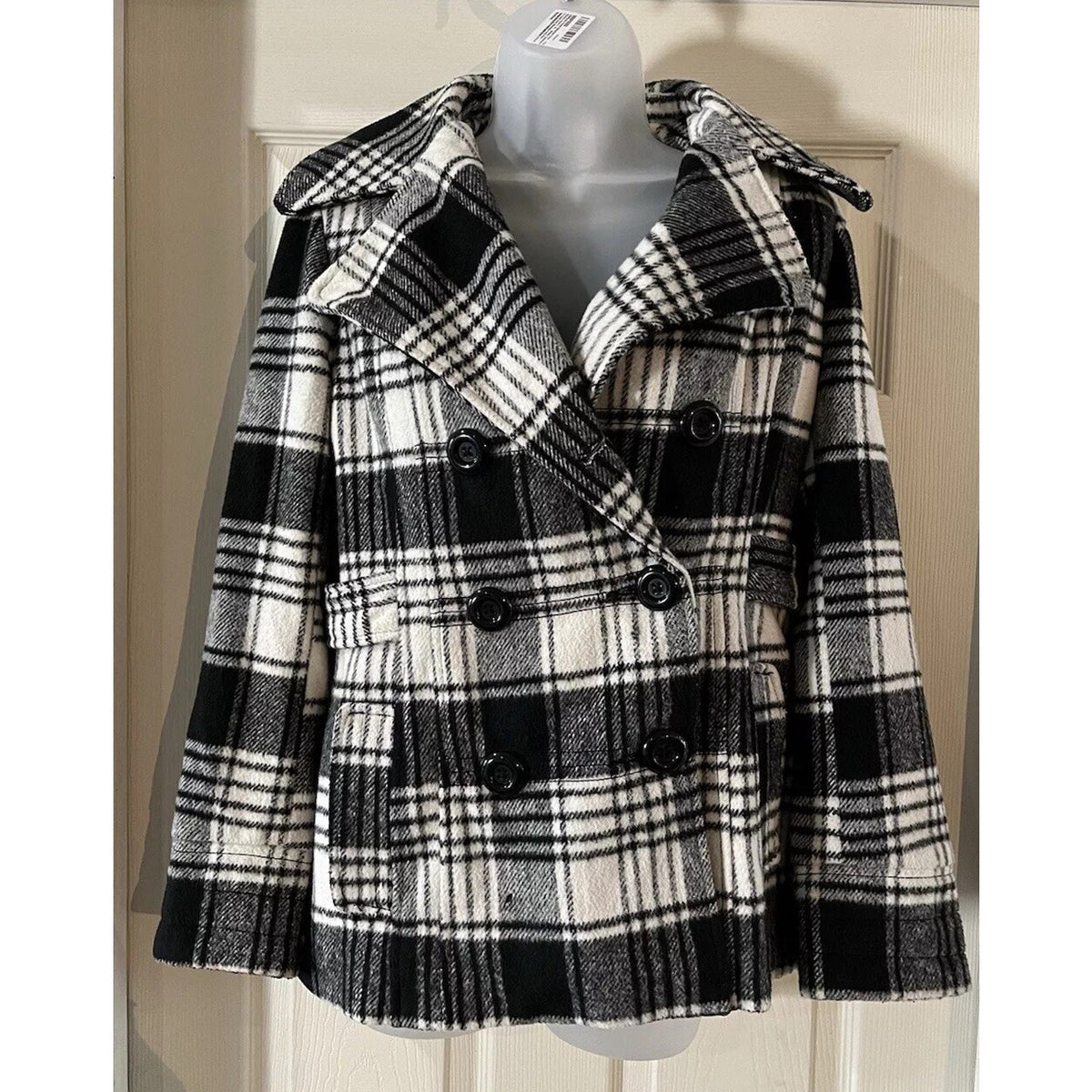 George Plaid Peacoat Size Small Black White Pockets Buttons