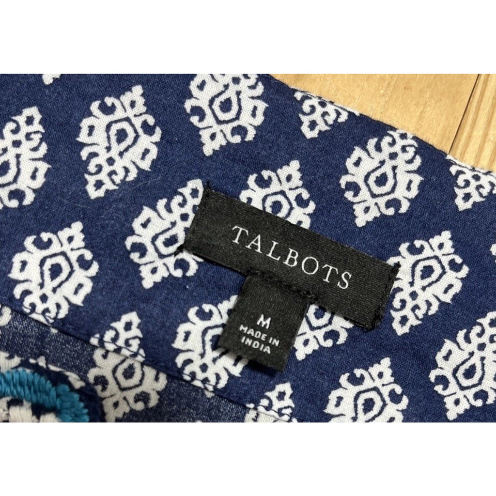 Talbots Top Womens M Blue Embroidered 3/4 Sleeves Relaxed Fit Cotton Boho Shirt