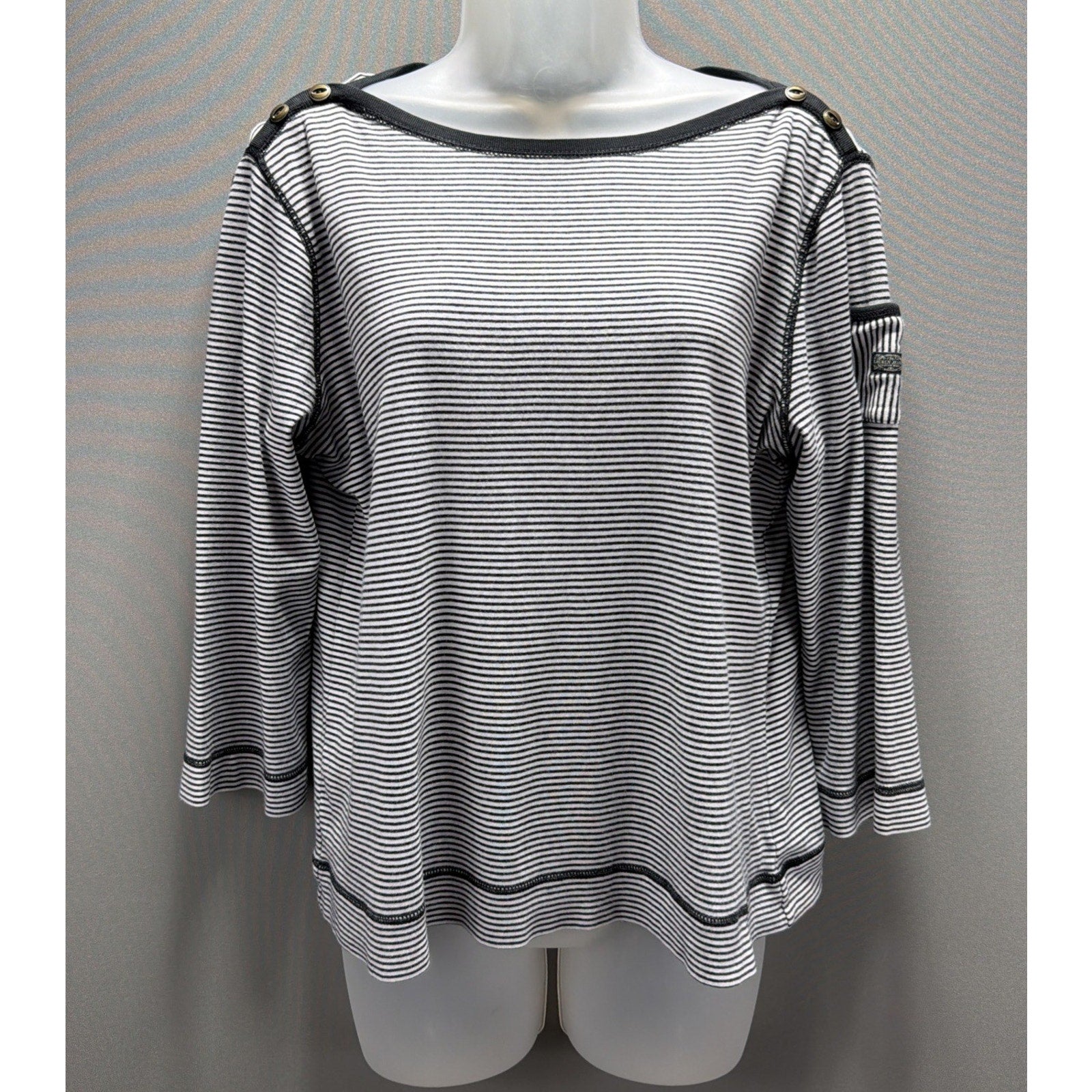 Lauren Jeans Co Ralph Lauren Womens L Measured Black White Stripe Nautical Top