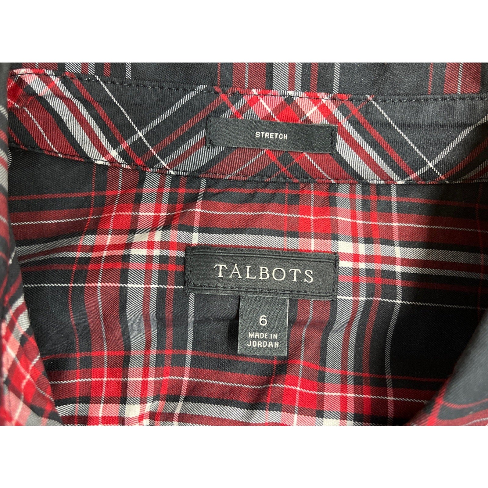 Talbots Black Red White Plaid Stretch Ruffle Button Down Blouse Size 6