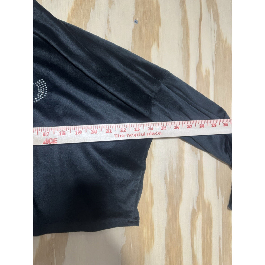 Velour Tracksuit Set Womens M Cropped Hoodie Joggers Rhinestone Logo Y2K Black