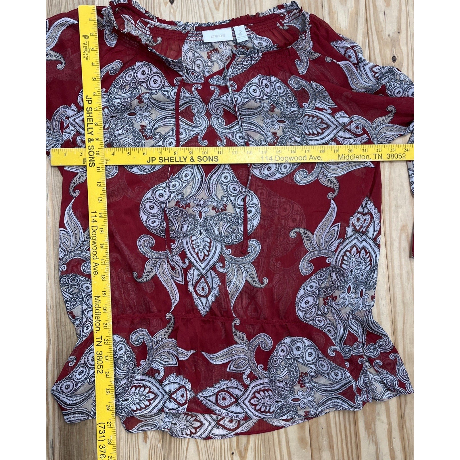 CHICO's 2 Womens L Blouse Shirt Burgundy Black Tan Paisley Print V Neck