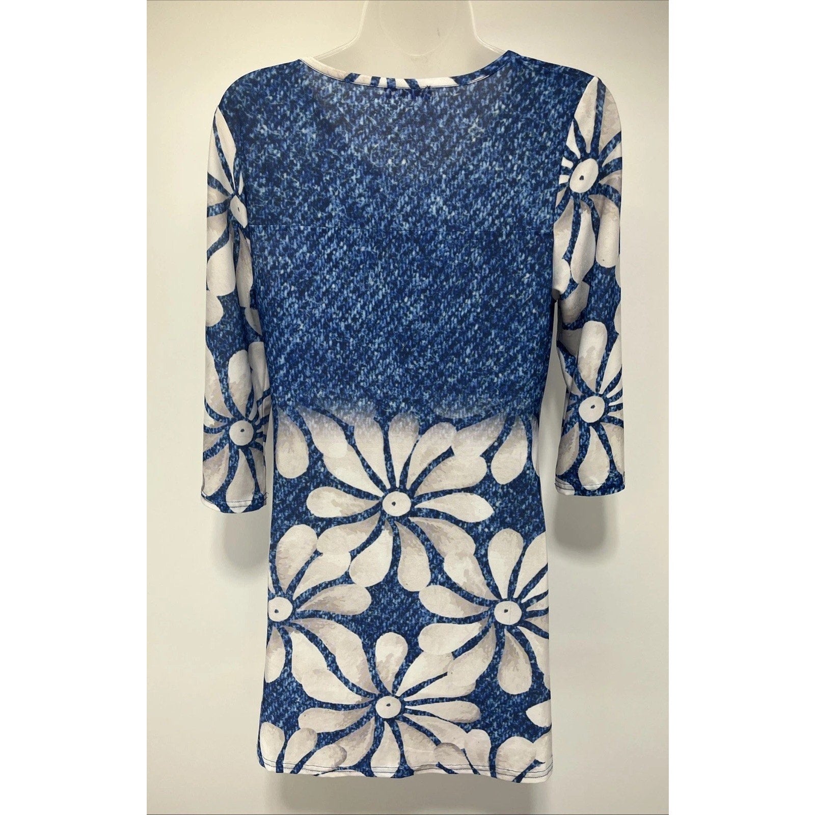 Simply Aster Dress Womens Medium Blue Ombre Floral Print 3/4 Sleeve Sheath BOHO