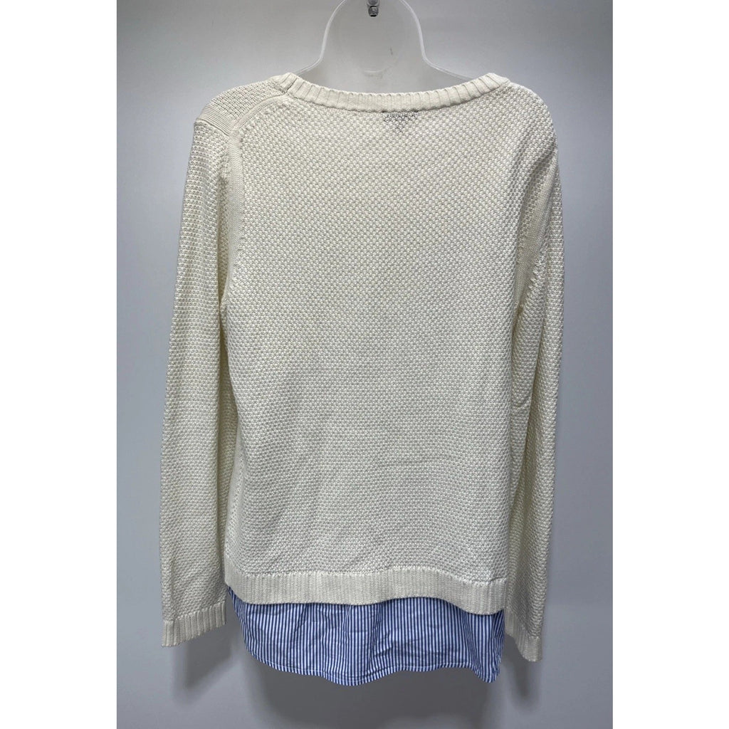 Talbots Sz L Layered Look Ivory Knit 2 in 1 Sweater with Blue Faux Shirt Tails