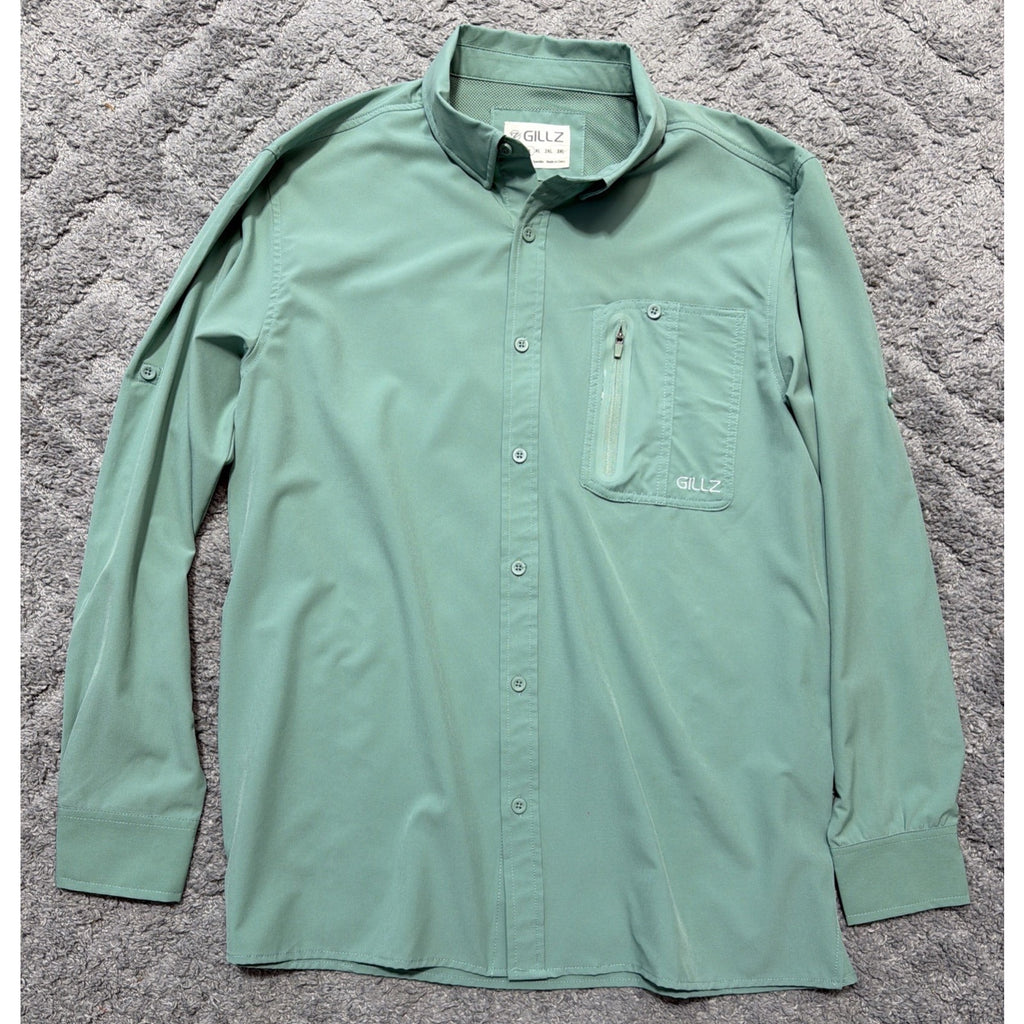 GILLZ Deep Sea Men’s Fishing Shirt UPF 30+ Stretch Vented Men Sz L Green