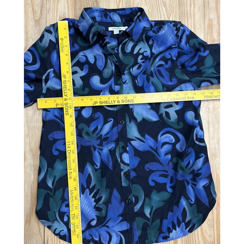 Chico's No Iron Top Women’s Long Sleeve Button Up Black Floral Paisley Size 0 S