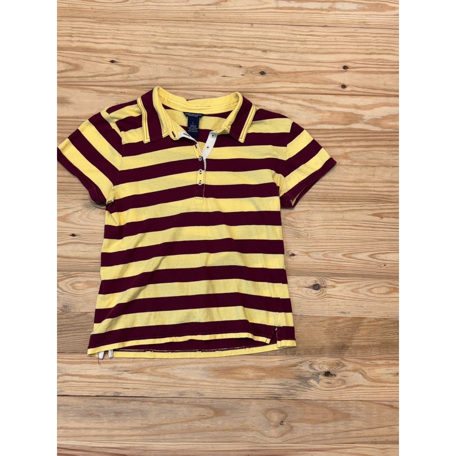 American Eagle Girl's Large 100% Cotton Short Sleeve Striped Yellow Polo Shirt